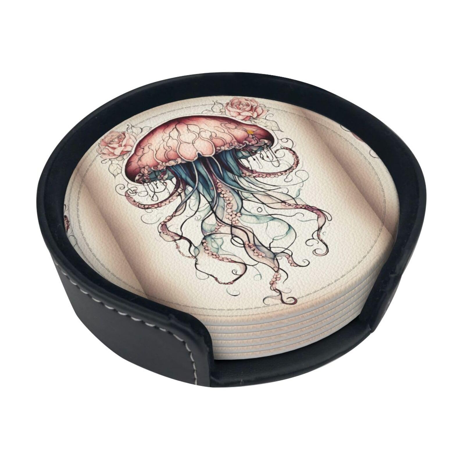 Jellyfish Pattern Print Round Coasters Set Of 6,Coaster For Tabletop Protection Home Bar Decor