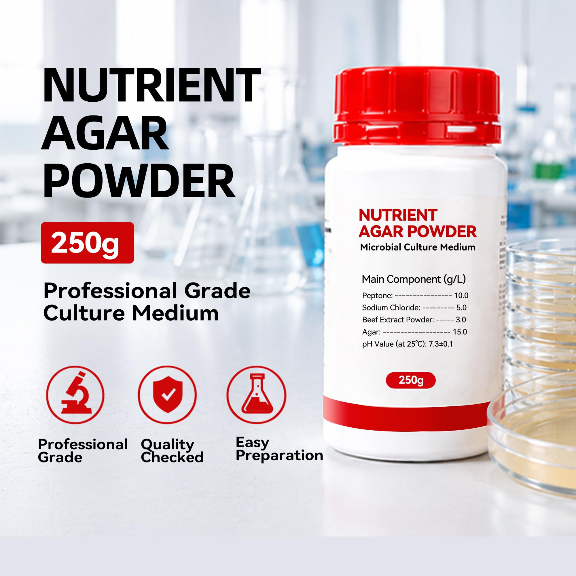 Polvo de agar nutriente 250 g, rendimiento 350-500 platos de Petri | Medio de cultivo de alta calidad para microbiología, proyectos de feria científica y experimentos de laboratorio