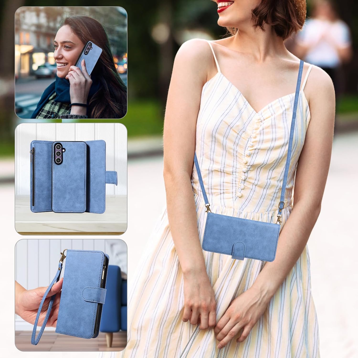 Asuwish Phone Case for Samsung Galaxy S23 FE 5G Zipper Wallet Detachable Cell Cover with Tempered Glass Screen Protector Crossbody Lanyard Strap Flip Card Holder Slot S 23 EF S23FE 23S Women Blue