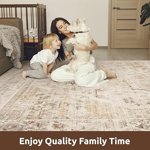 Miniatura 8 de AMOAMI -Alfombra de área de 8 x 10 pies para sala de estar, alfombras vintage suaves beige para dormitorio, alfombra antideslizante lavable para