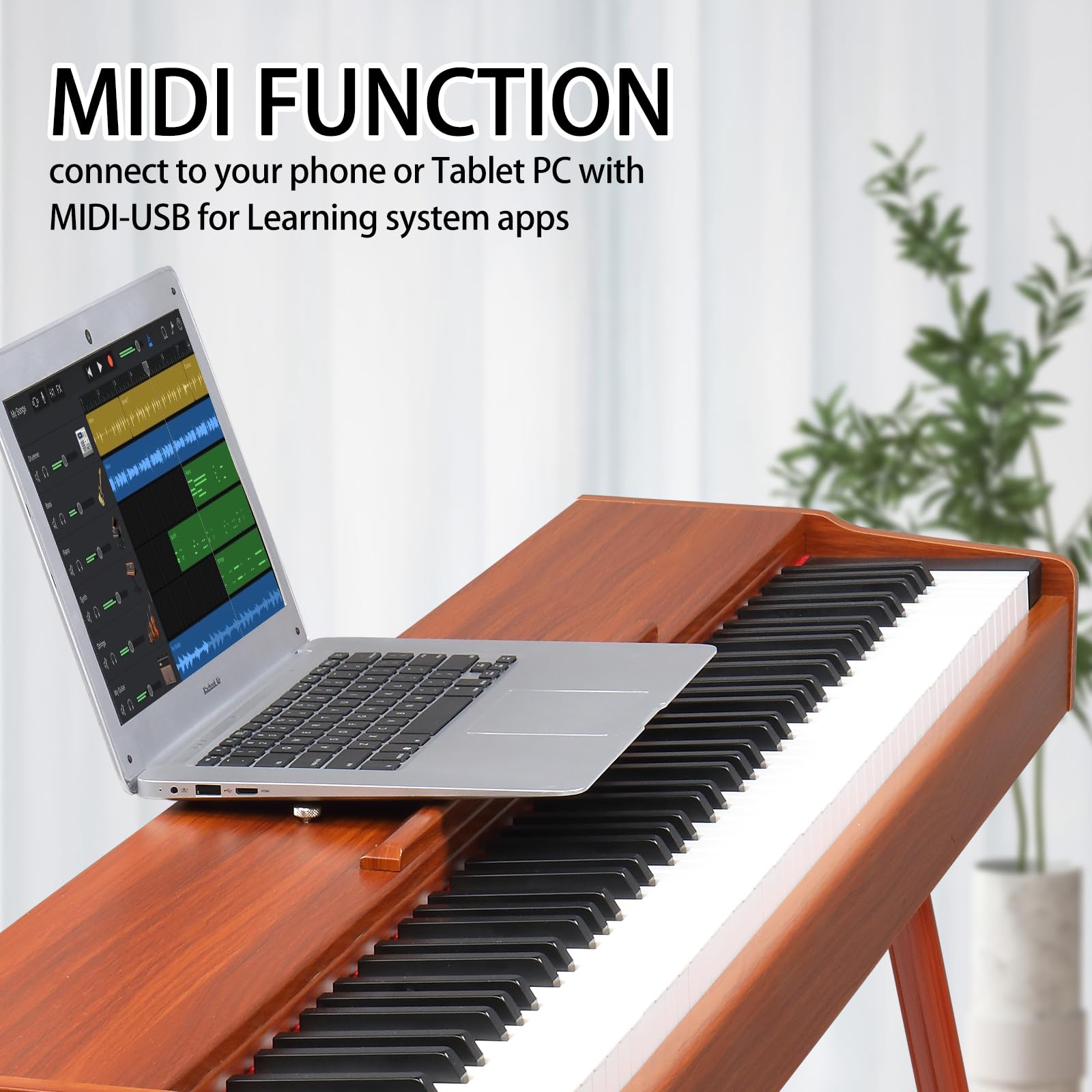 LALAHO Piano électrique 88 touches lesté, piano numérique pour débutants, clavier avec unité à 3 pédales, support à quatre pieds, double Bluetooth, haut-parleurs stéréo, rouge marron