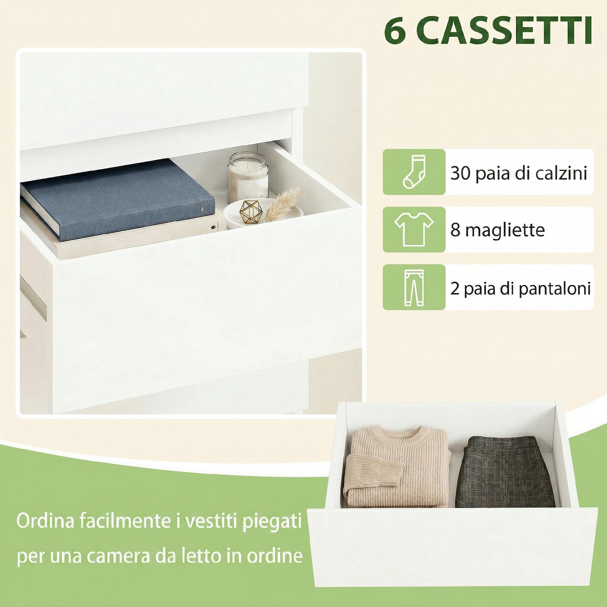 HOMCOM Cassettiera Camera da Letto Slim Alta con 6 Cassetti, Comò Camera da Letto Senza Maniglie, Cassettiera Salvaspazio per Soggiorno Corridoio Ingresso, 40x35x109 cm, Bianco Lucido