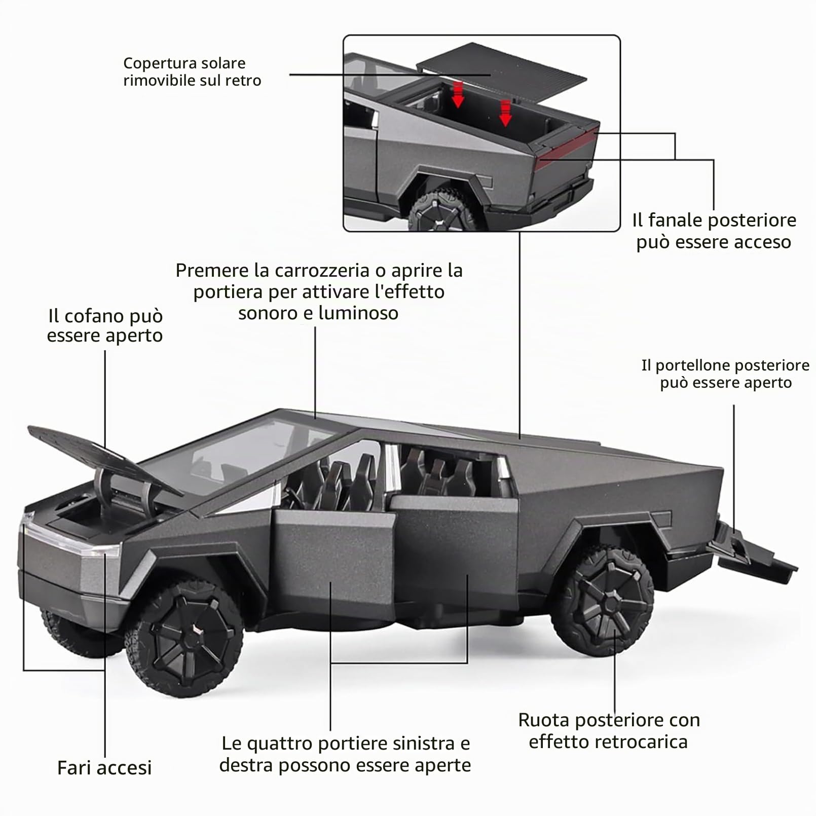 Tesla Truck Modellino Auto 1:24 Camion Giocattolo in Metallo Pressofuso con Luce e Suono, Mini Veicolo Giocattolo per Ragazzi dai 3 Anni in su (Nero)