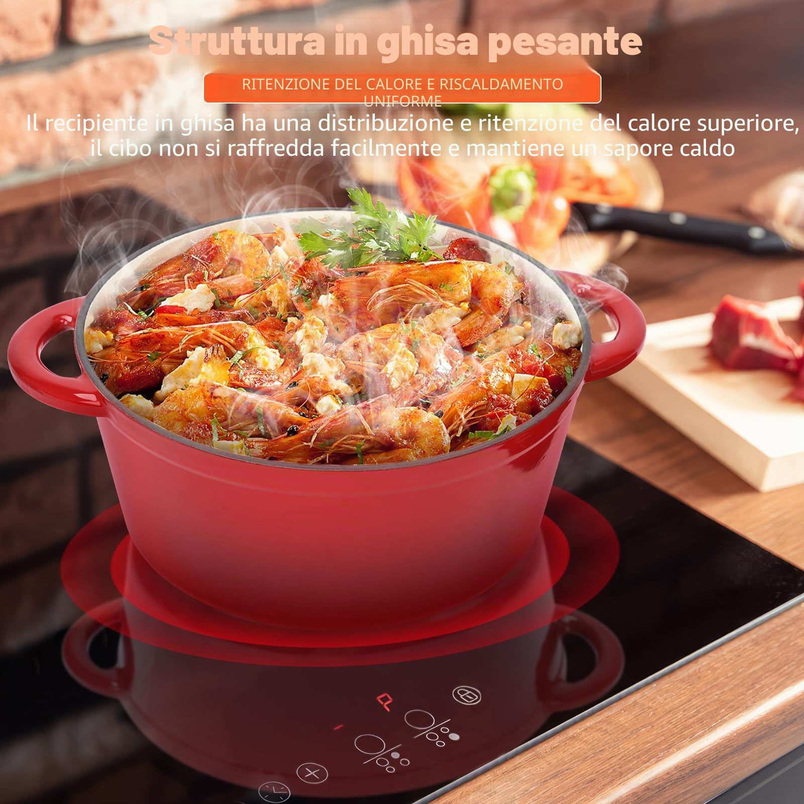 Pentola in ghisa smaltata, diametro 28 cm, con coperchio, per tutti i piani cottura e a induzione, in ghisa, per pane, rotondo, rosso, 5,7 l