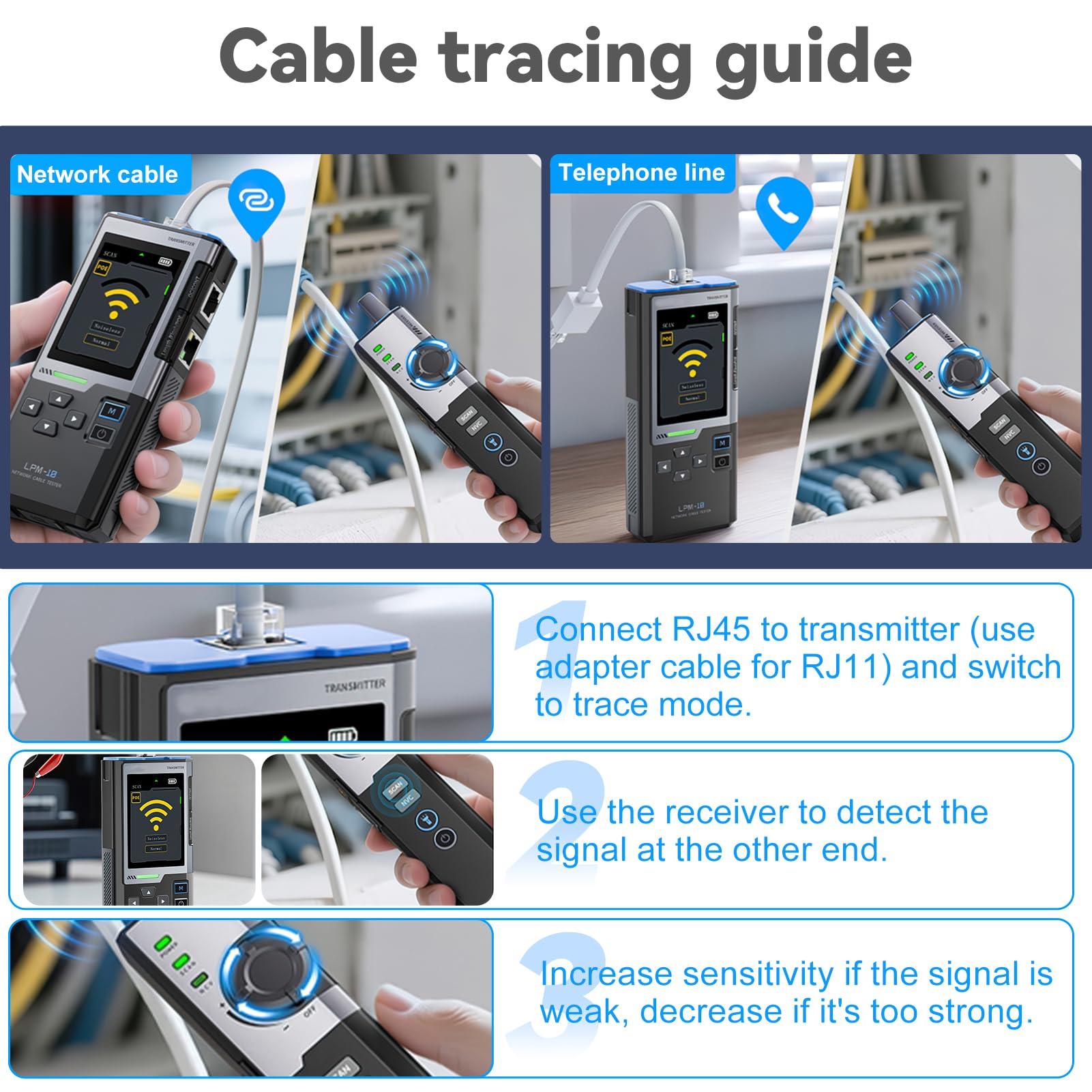 DEWIN LPM-10A Testeur de câbles réseau multifonctionnel avec RJ45 RJ11 et détection PoE
