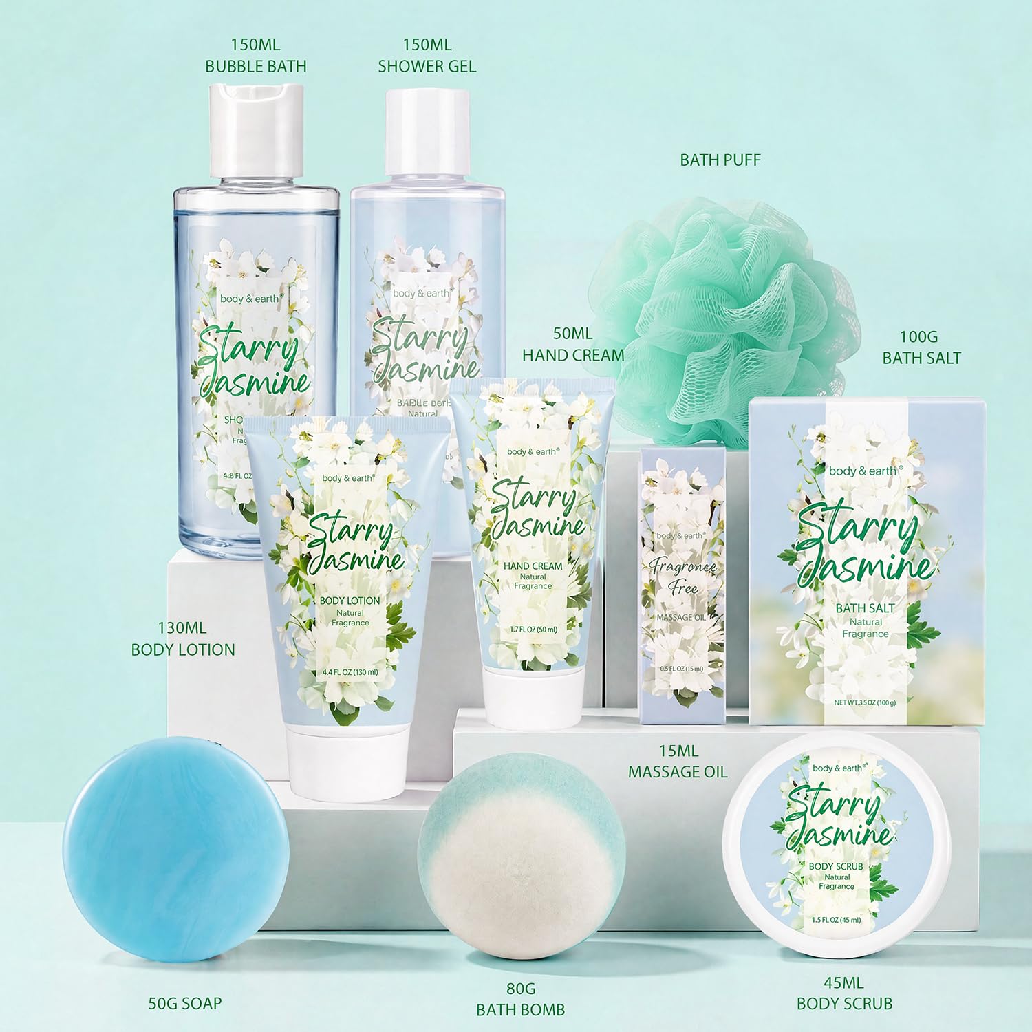 BODY & EARTH Zestaw upominkowy dla kobiet, 11-częściowy kosz prezentowy jaśmin, olejek eteryczny, żel pod prysznic, pianka do kąpieli, mydło, balsam do ciała, kula kąpielowa, sól do kąpieli
