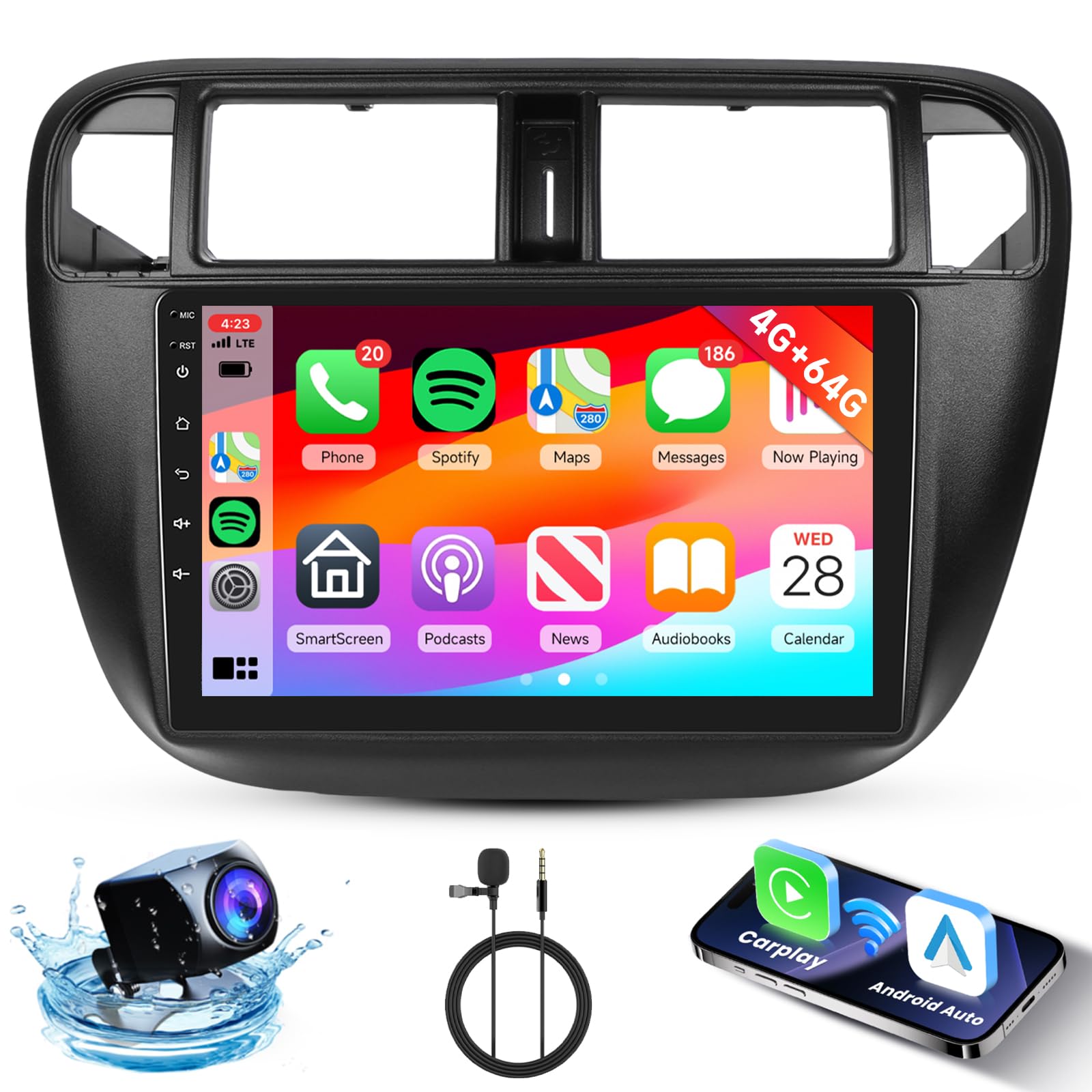 hodozzy 4g+64g android car stereo for honda civic 1996-2001 radio with wireless carplay android auto mirror link, 9 inch touch screen radio with gps, mirror link, bluetooth, wifi, 32eq, fm/rds radio