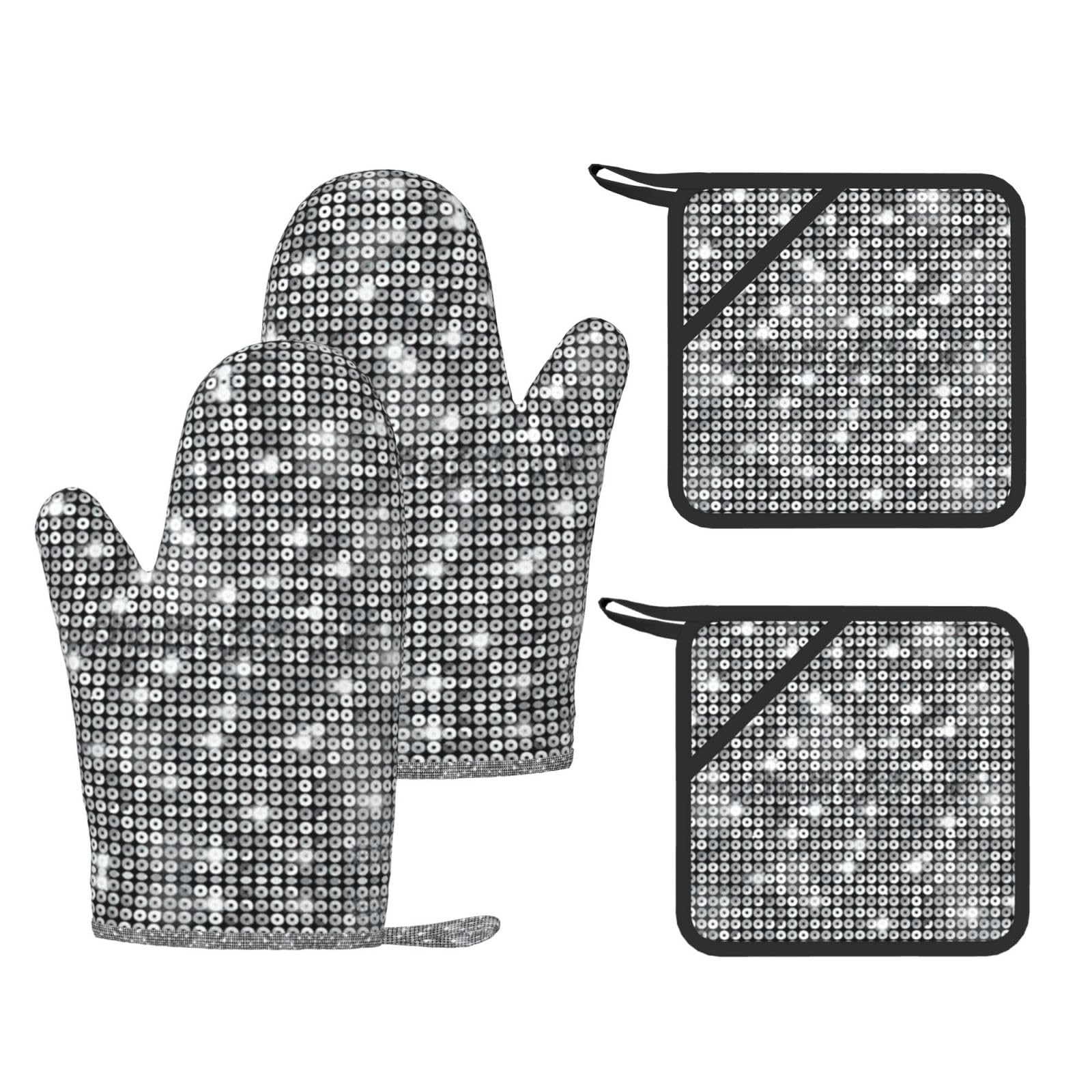 Silver Sequin Sparkle Pattern Printed Cooking Mitts and Pot Holders 4 Pcs, Heat Resistant Oven Gloves with Hanging Loop Chef