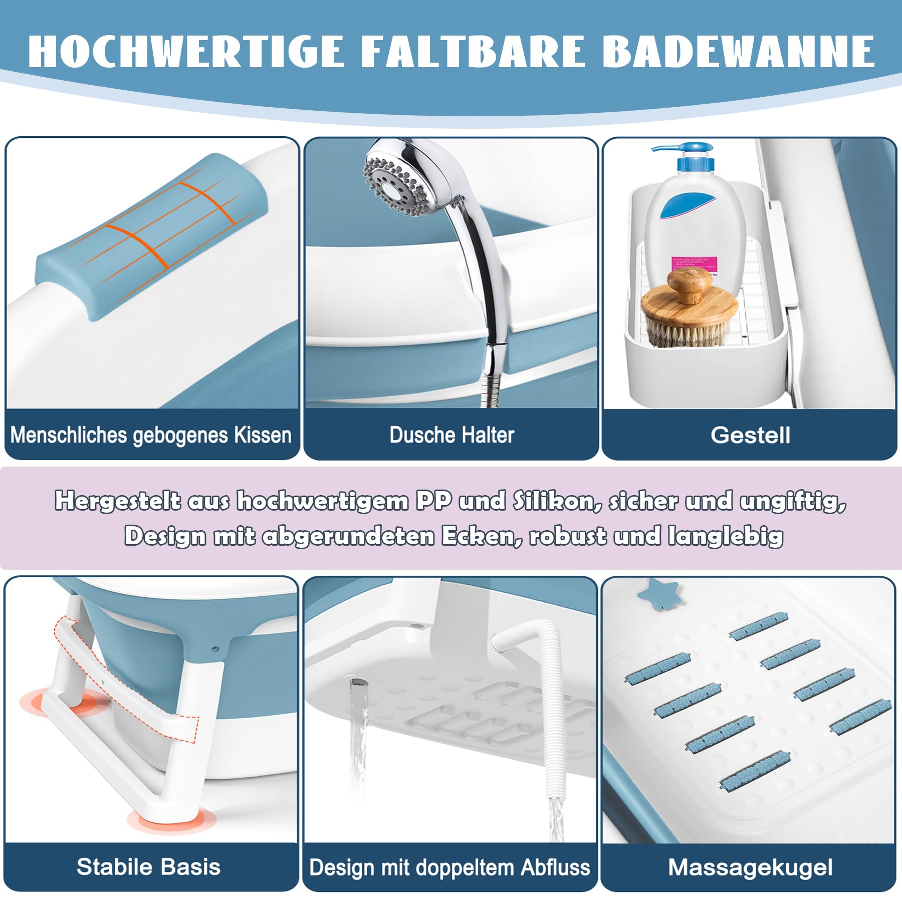 SUBTLETY Baignoire pliable pour adulte - Portable - Avec couvercle - Panier à savon et rouleaux de massage - À poser dans la douche - Idéal pour les petites salles de bain SPA (128 x 60 x 52 cm, bleu)