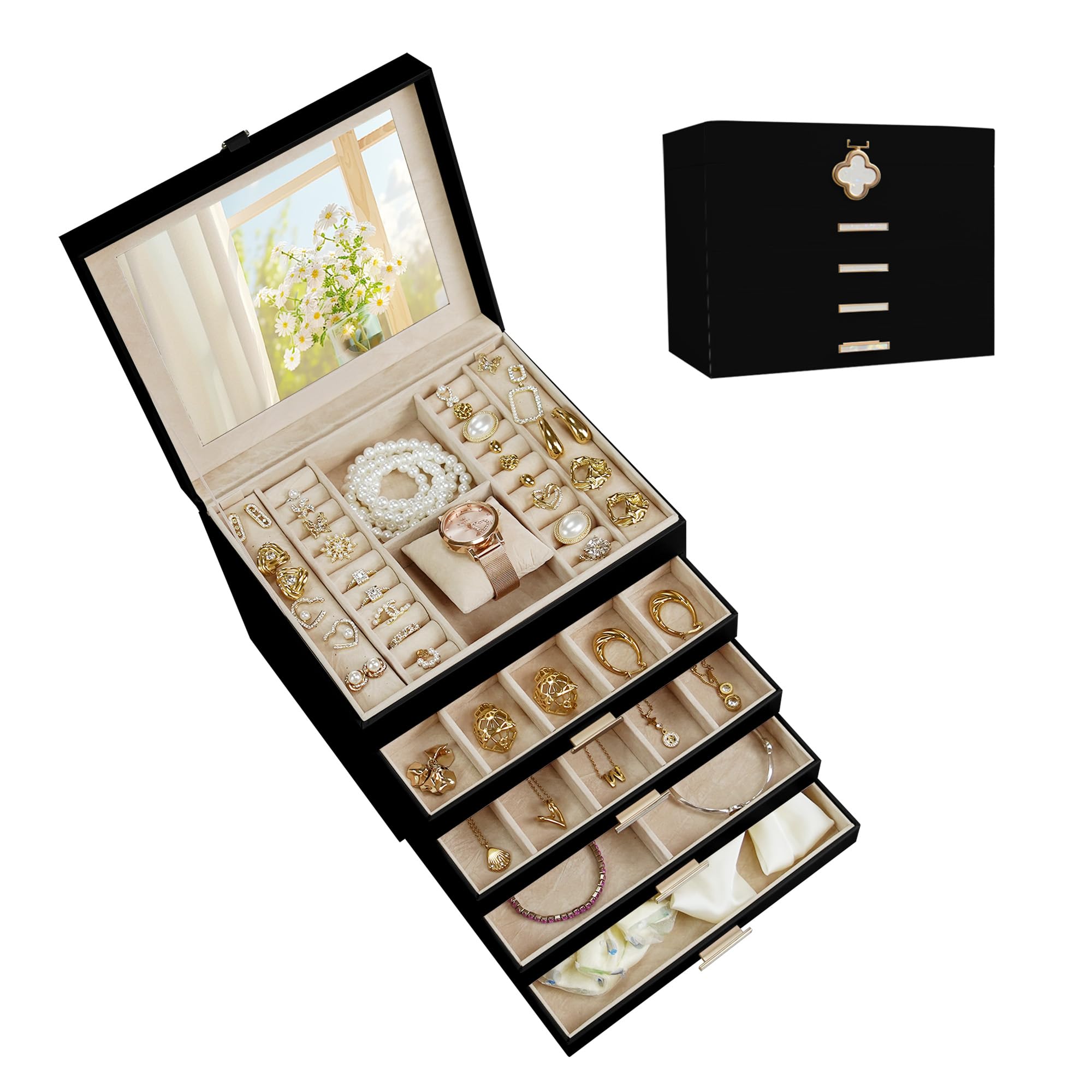 Schmuckschatulle 5 Ebenen,Schmuckkästchen mit Kleeblatt-Verschluss,großem Spiegel & flexibel einteilbaren Fächern,schmuckaufbewahrung für Halsketten, Ringe& Ohrringe,Geschenk Schwarz