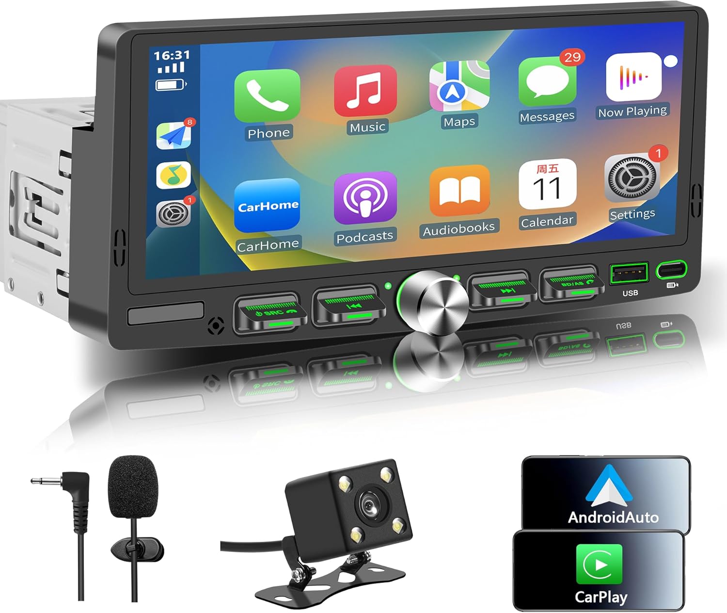 single din touchscreen radio with wireless apple carplay & android auto, 6.9" ips car stereo with bluetooth, mirror link, fm/am,eq, usb/type-c, swc, hd backup camera, microphone for car audio upgrade silver knob