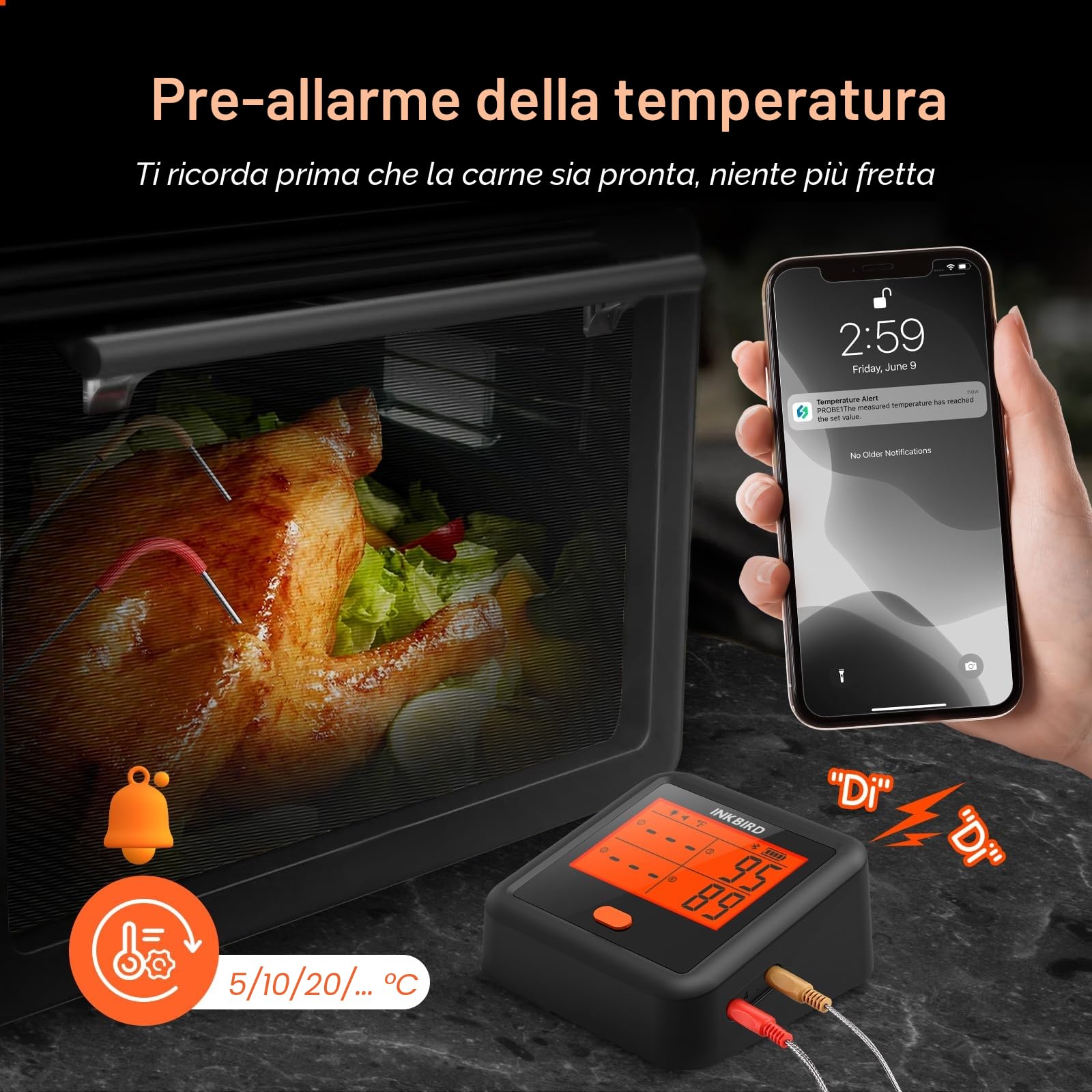 INKBIRD IDT-34C-B Termometro Barbecue Bluetooth 4 sonde