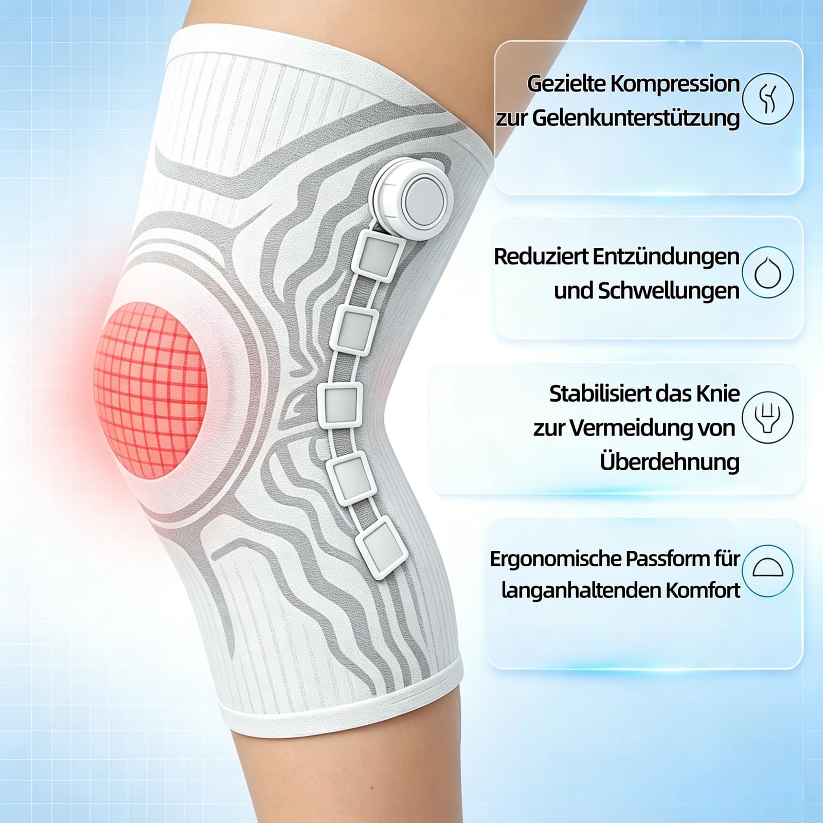 VILAO Kniebandage mit Drehverschluss, Patellarschutz, 3D-Kompression & Rutschfest für Alltag, Büroarbeit, Laufen, Wandern, Fitness & Sport zur Gelenkunterstützung (2 Weiß,M)