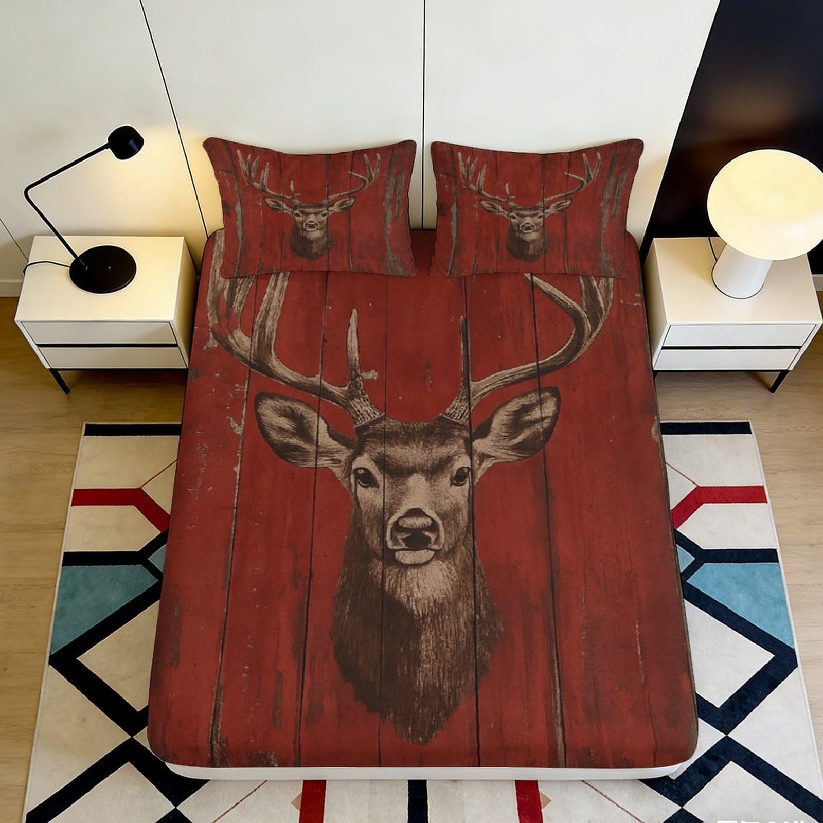 3D Printed Rustic Red Deer Fitted Sheet Microfiber Soft Breathable Woodland Bed Cover for Bedroom Guest Room Decor 90x200x25cm