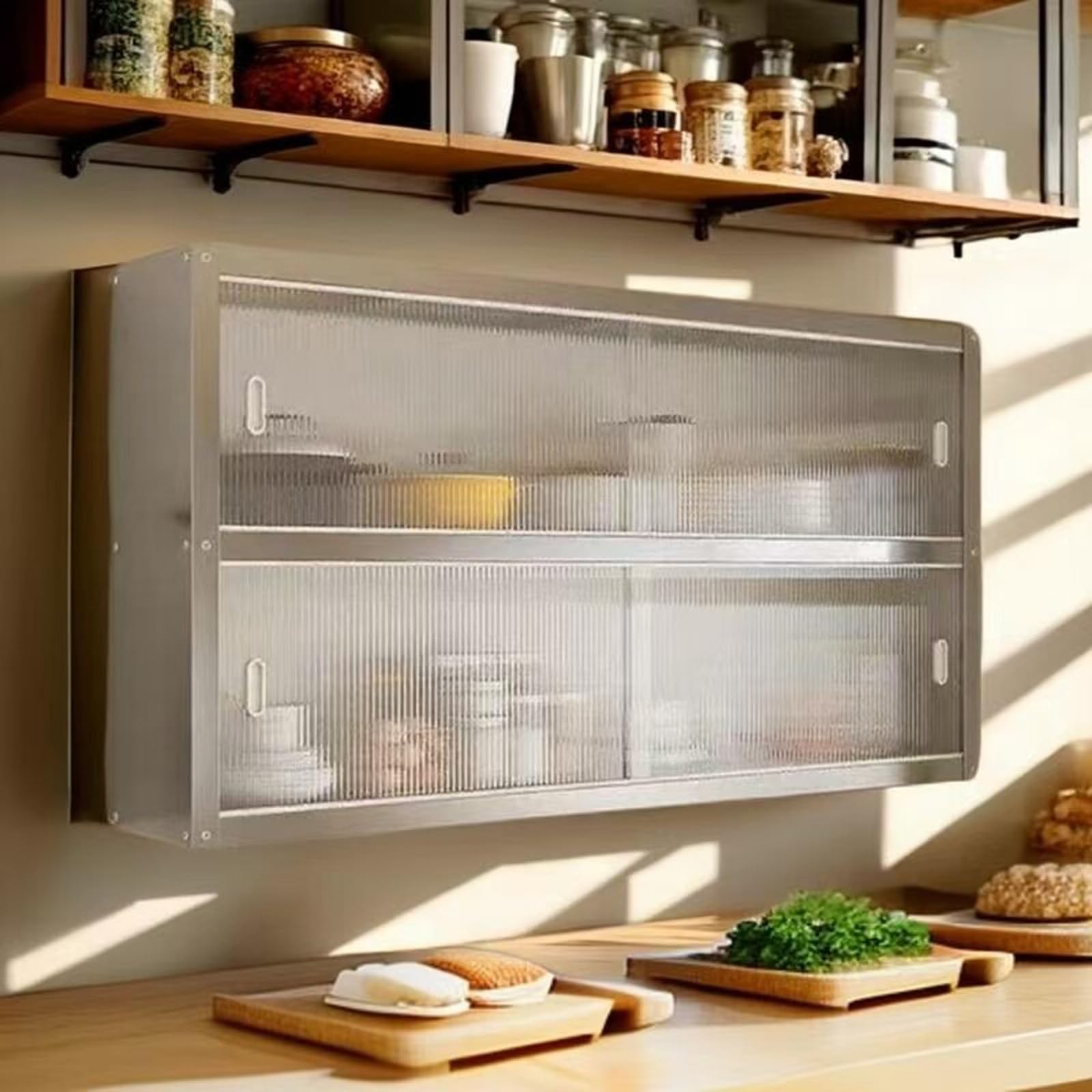 Armoire murale cuisine en acier inoxydable avec portes coulissantes pour rangement