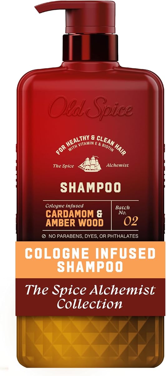 Old Spice Men's Shampoo, The Spice Alchemist Collection, Cologne-Infused Cardamom and Amber Wood Scent, Free of Parabens & Phthalates, 20 fl oz