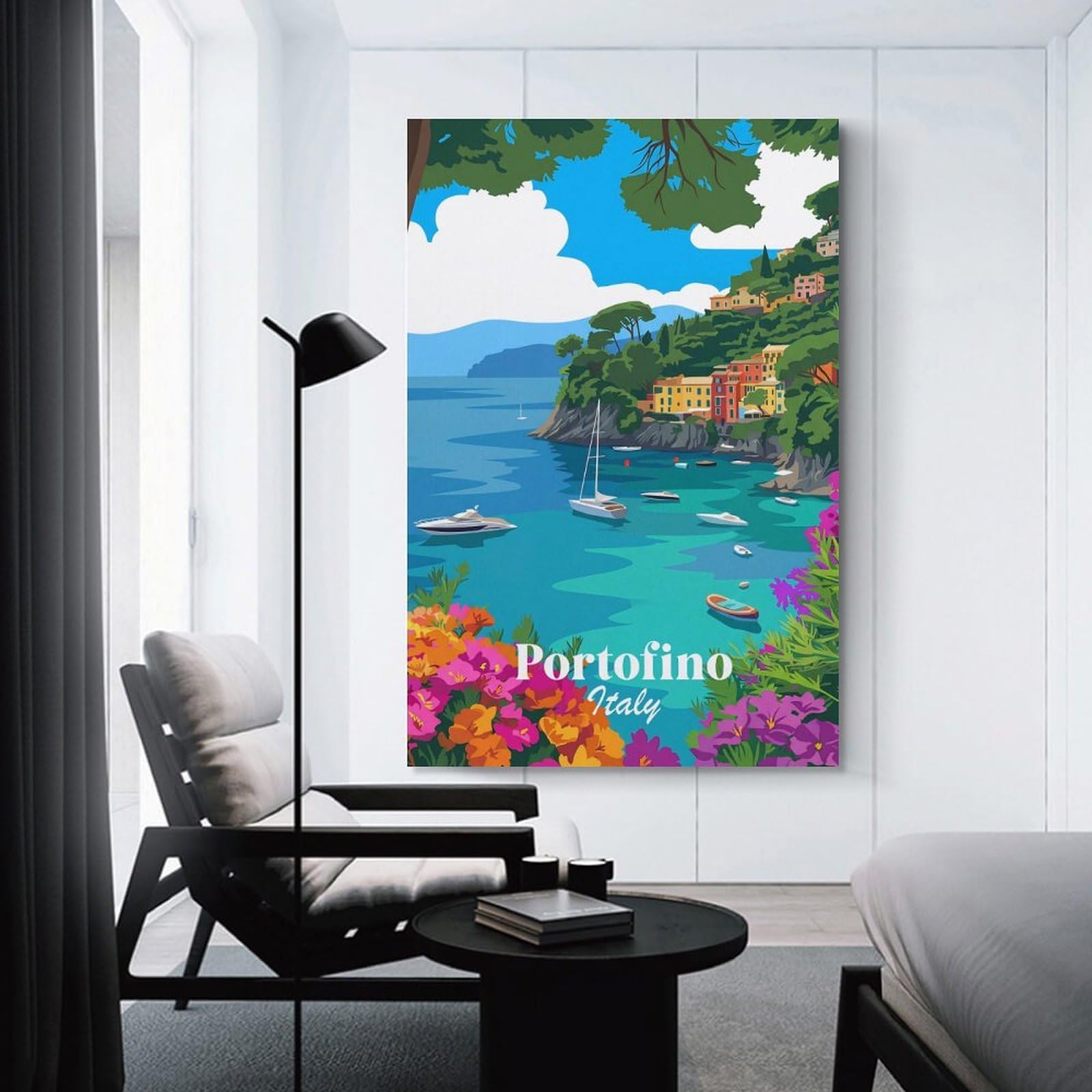 Junmoney Portofino Italy Coastal Scene Canvas Wall Picture 24x36inch(60x90cm), for Living Room, Bedroom Or Apartment Walls, Modern Wall Decor for Cosy Interiors
