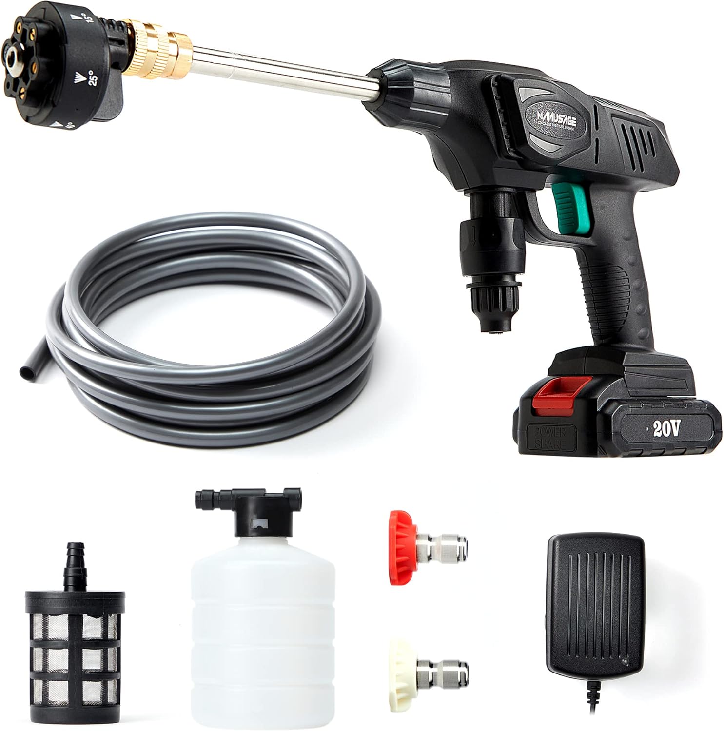 Pressure Washer Gun MANUSAGE 320 PSI Pressure Washer Cordless Portable Power Cleaner with 20V Battery, Charger, 6in1 Nozzle Power Cleaner, Accessories Kit for Car Washing/Outdoor/Home, Black