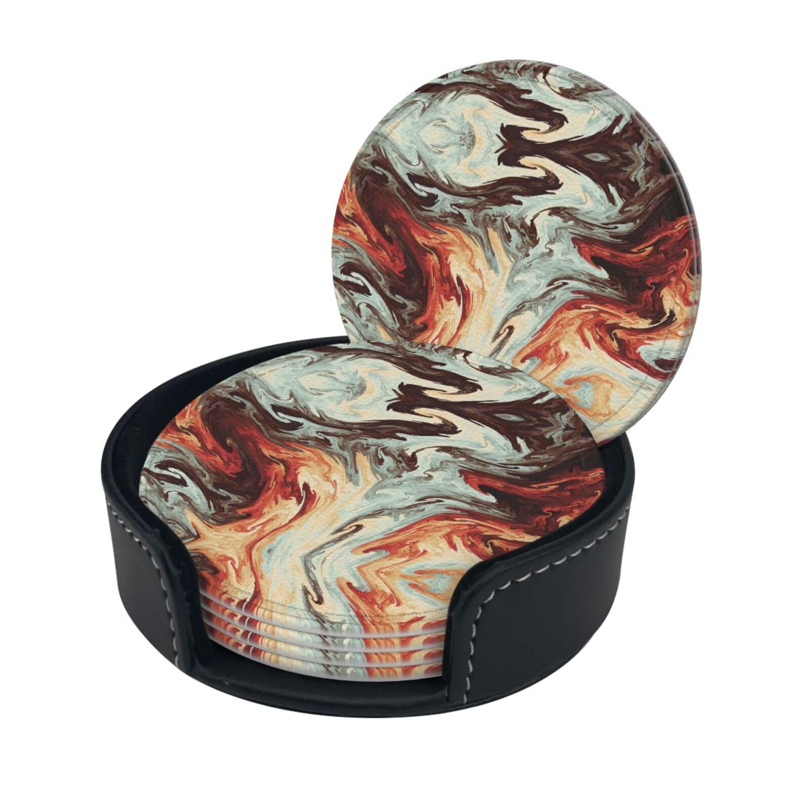 Lklddpzb White Marble Mixed Brown Print Round Leather Coasters - Set Of 6, Ultra-Fiber Pu Leather