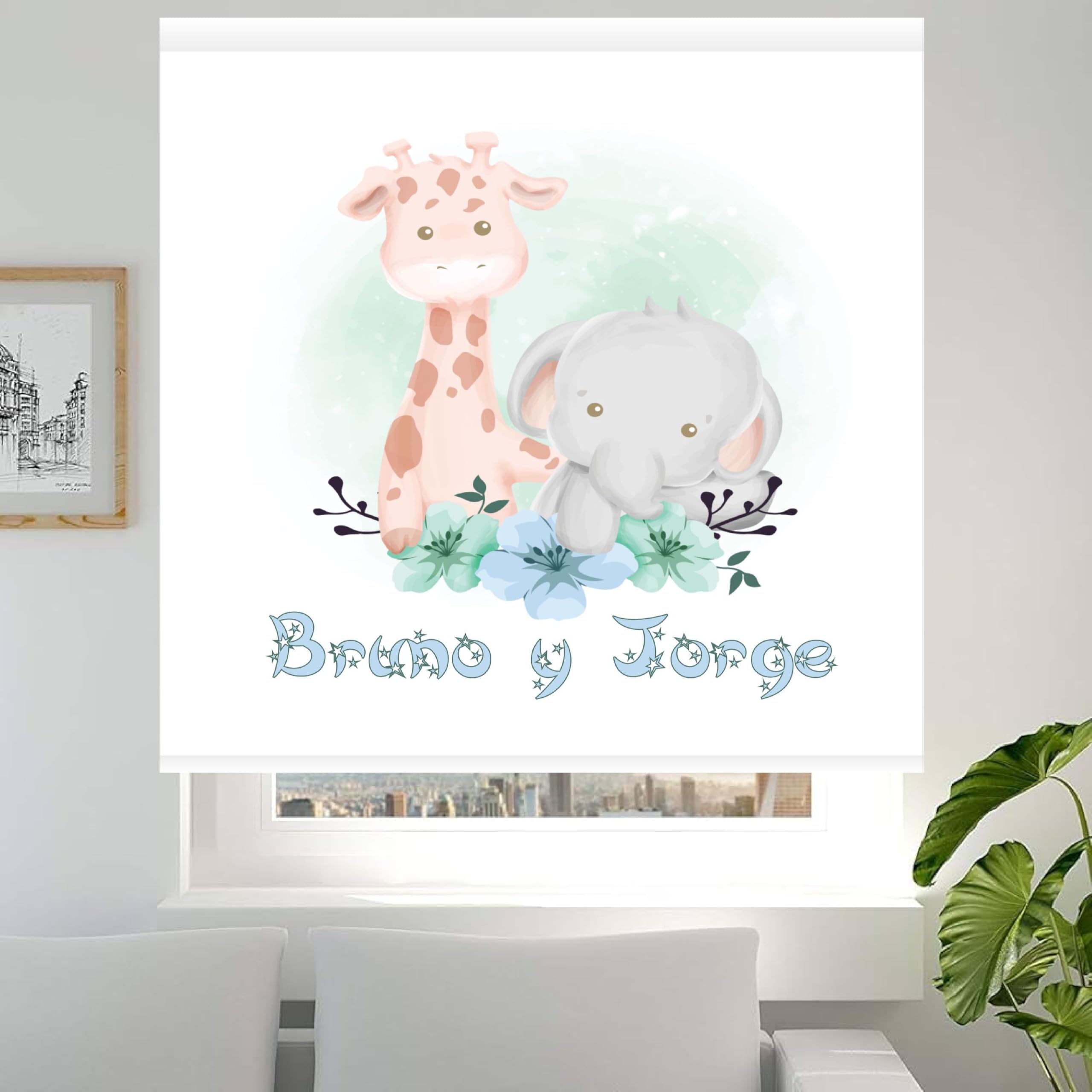 Estor Enrollable Infantil Niño Dibujo Animales de la Selva- Tejido Blanco Translúcido - Personalizable con Nombre - Estores Iroa - Decoración Habitación Infantil (Animales Selva Brother, 90X175)