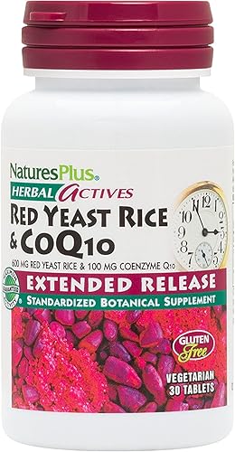 NaturesPlus Herbal Actives Arroz de levadura roja 600 mg y CoQ10 100 mg liberación extendida 30 tabletas veganas suplemento de máxima potencia
