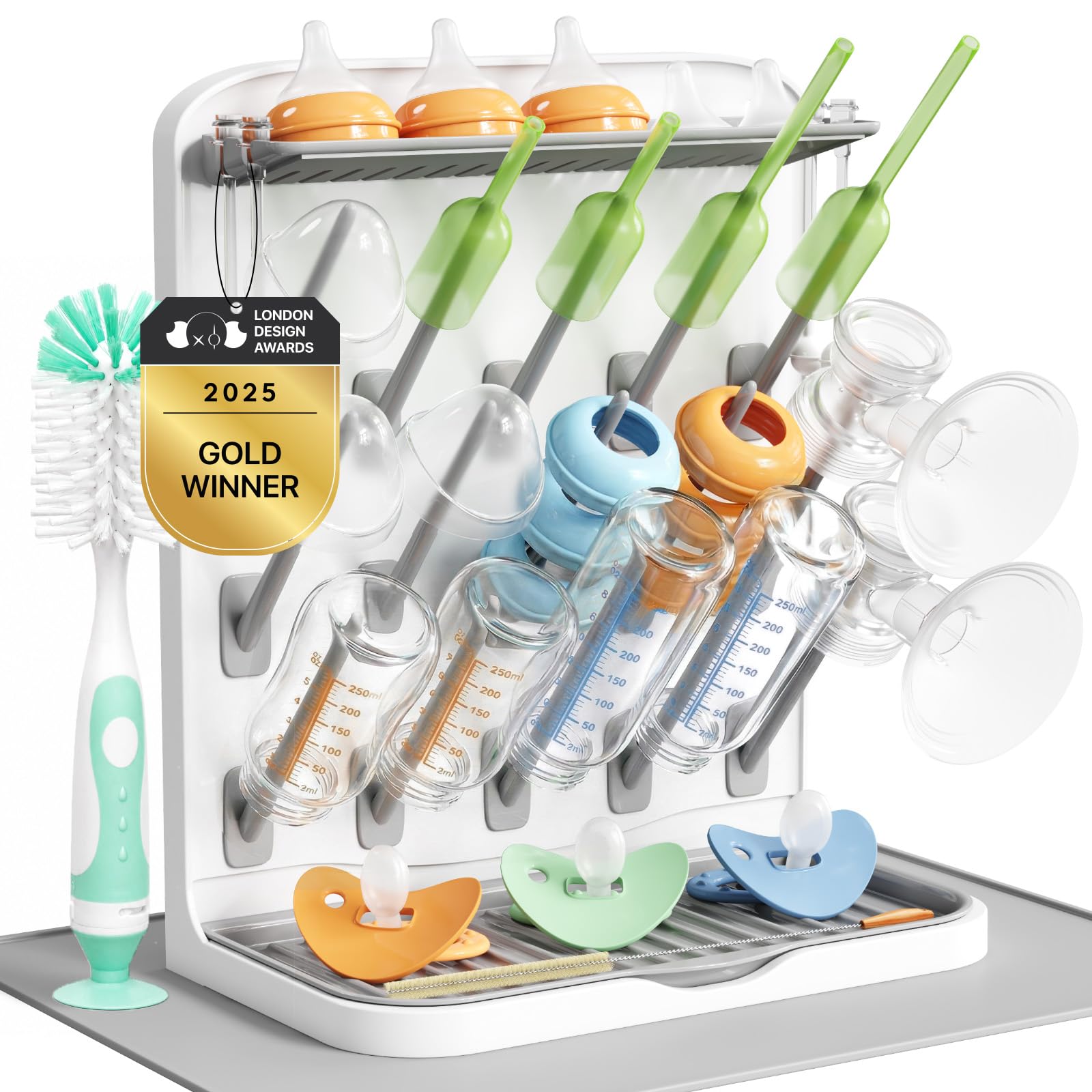 Lifewit Large Baby Bottle Drying Rack with Drain Mat & Brush, 15 Hooks Standing Holder with Detachable Brackets, Space Saving Countertop Organiser for Nipples, Pump Parts, Pacifiers Storage, BPA Free