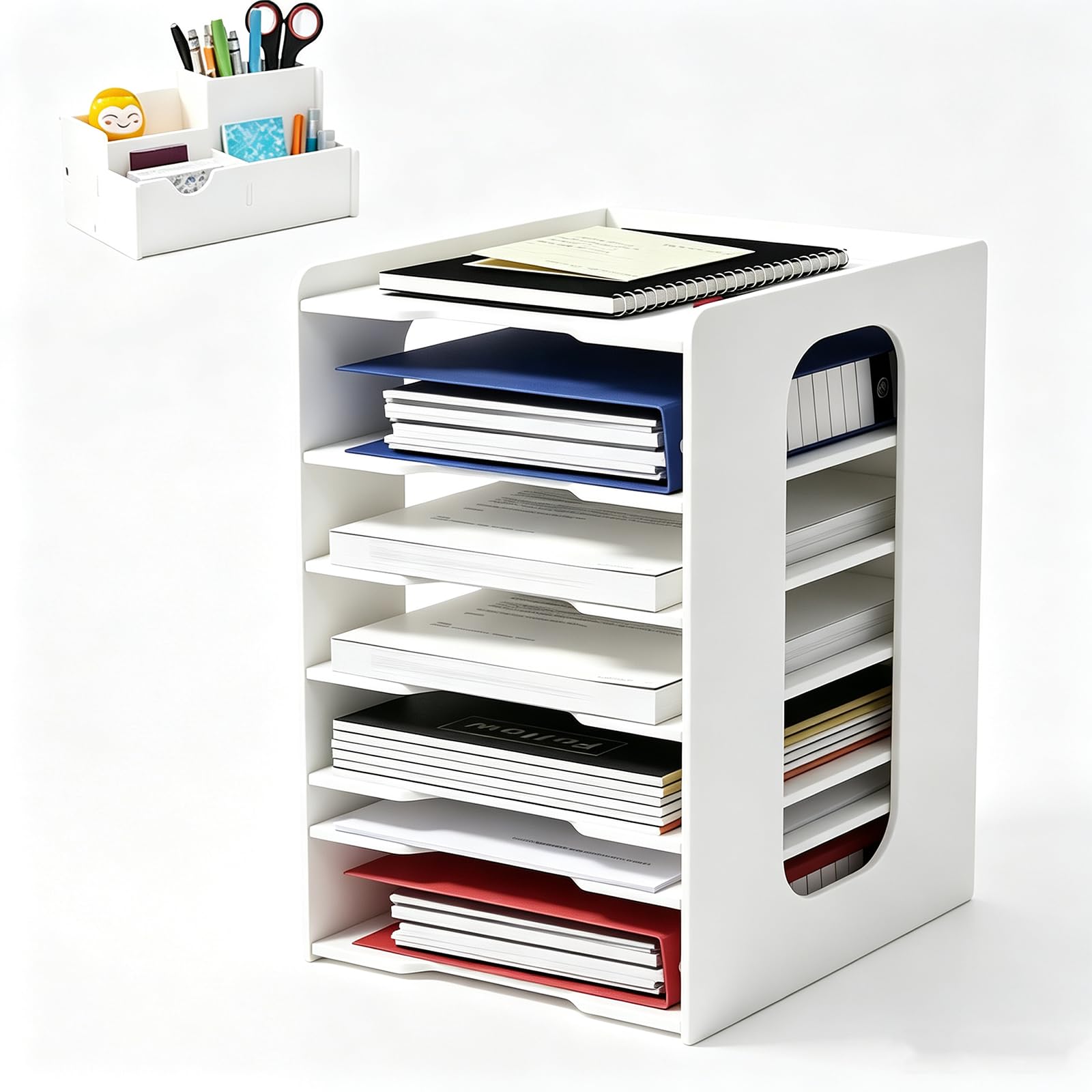 Briefablage mit 7 Ebenen, Büro-Ablage, Briefablage aus Holz, 4 Papierablagen, Dokumentenregal mit Stifthalter für Zuhause, Büro, Schule, Klassenzimmer (weiß)