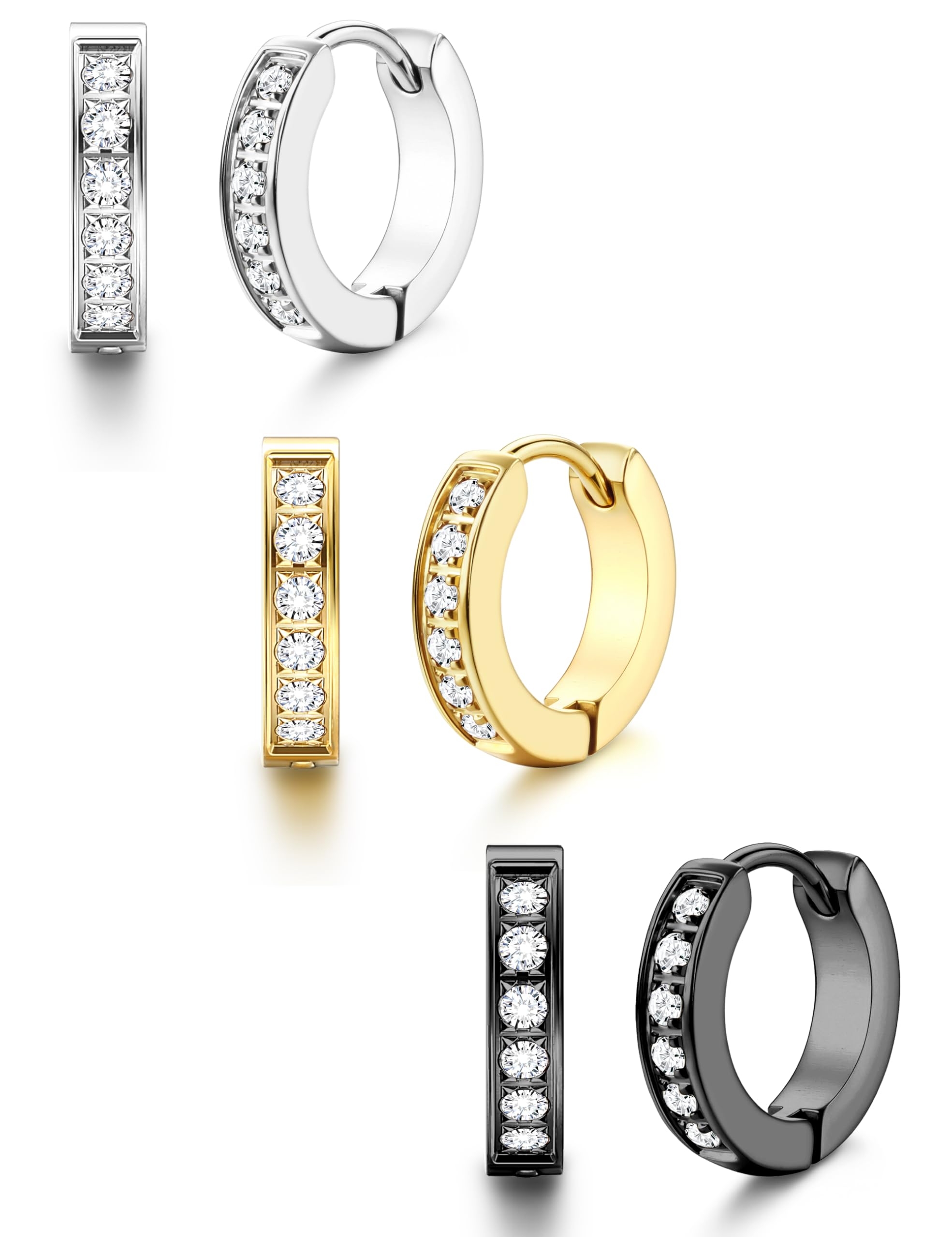 FIBO STEEL316L Stainless Steel Hoop Earrings for Men Women Hypoallergenic Cubic Zirconia Silver/Black/Gold Hoop Huggie Cartilage Earrings for Women Men Hoops 13 mm 20 mm
