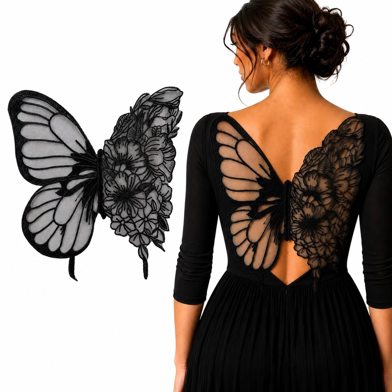 S.A.V.I Butterfly Floral Embroidery Sew-On Patch Black Mesh 35x32cm | Floral Lace Motif for Dresses, Blouses & Gowns, Premium Fabric, DIY Clothing Repair & Customization, Women Craft Accessory-picture-10