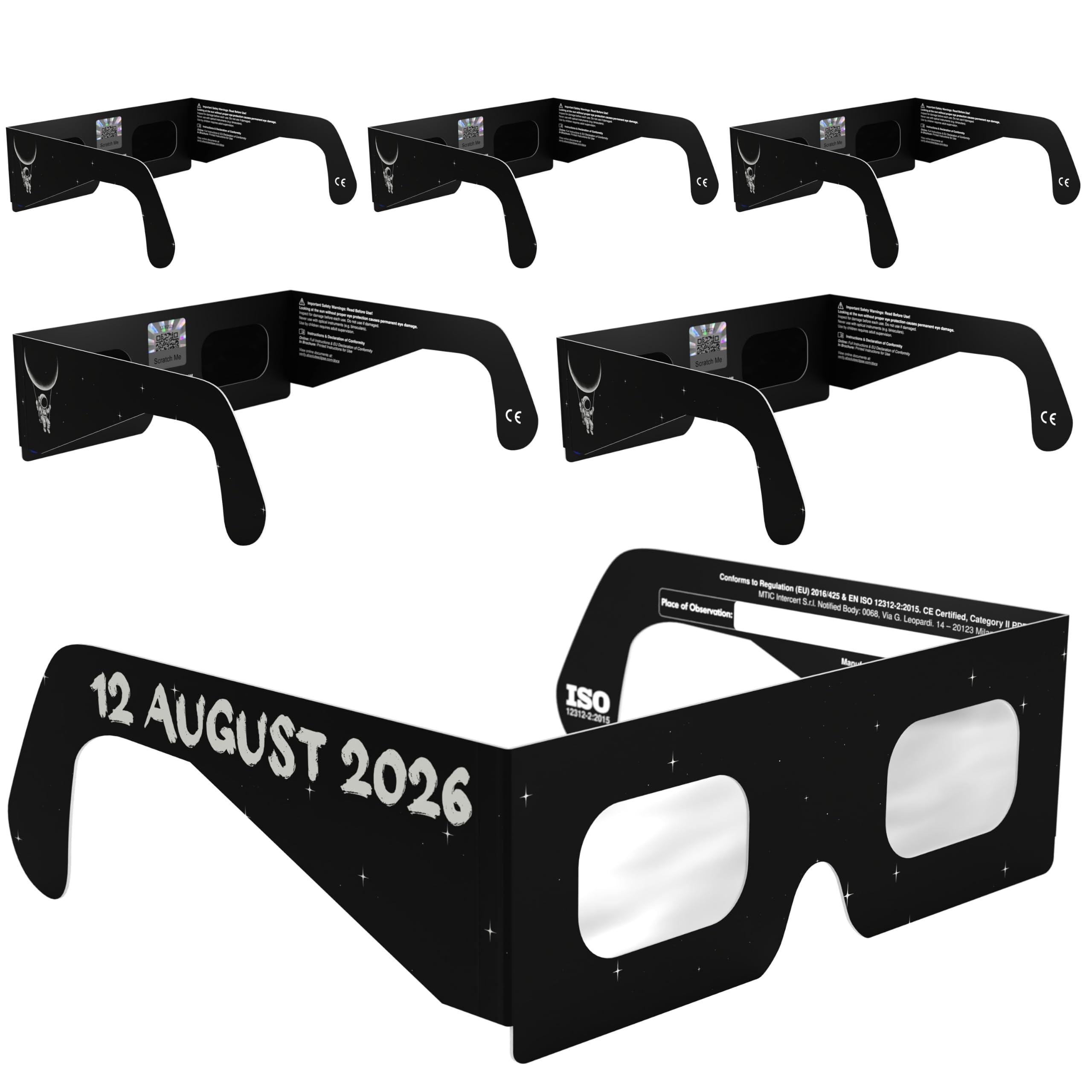 Solar Eclipse Glasses ISO 12312-2 & CE Certified – Safe Solar Viewing for Direct Sun & August 2026 Eclipse | Paper Cardboard Frame, Made in EU | For Kids & Adults | 6 Pack | Swing