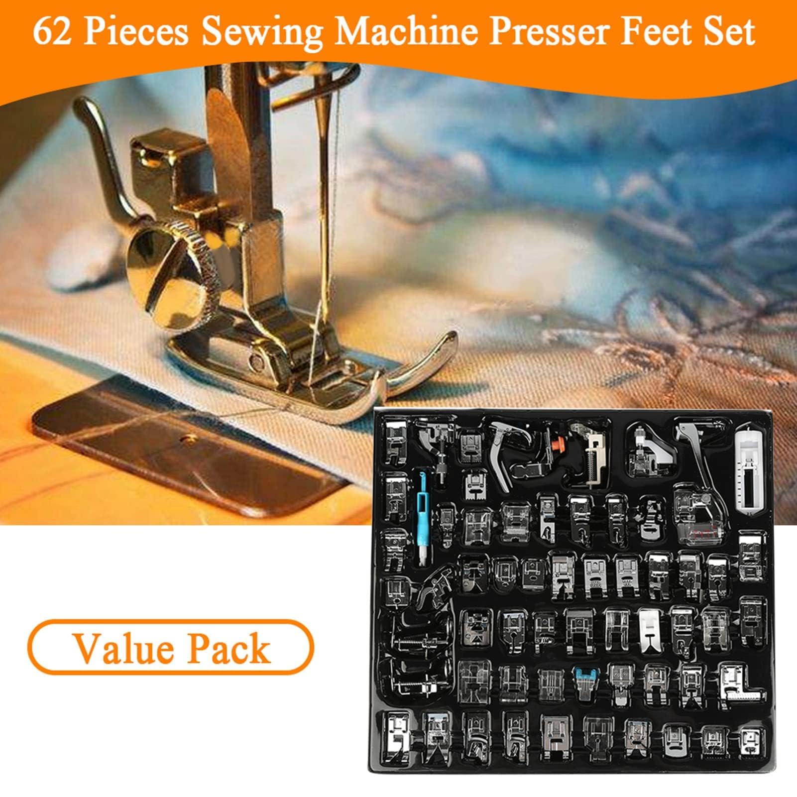 62 pièces Ensemble de Pieds-de-biche pour Machine à Coudre, Pied-de-biche à Ourlet roulé, kit de Pied-de-biche pour Broderie, Accessoire Multifonctionnel de Machine à Coudre pour