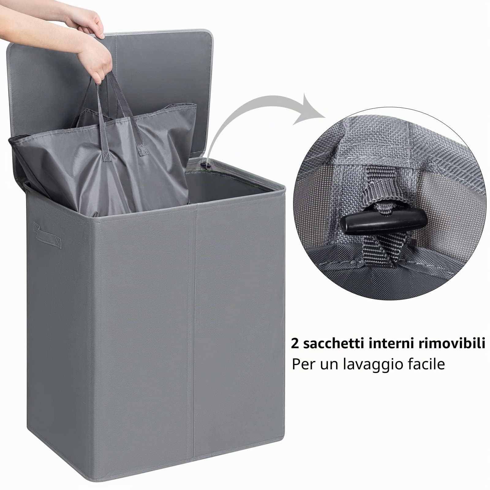 Chrislley Cesto portabiancheria doppio con coperchio e sacchetti per biancheria rimovibili, 154 L, pieghevole, con 2 divisori e manici, per camera da letto, lavanderia, armadio (grigio)