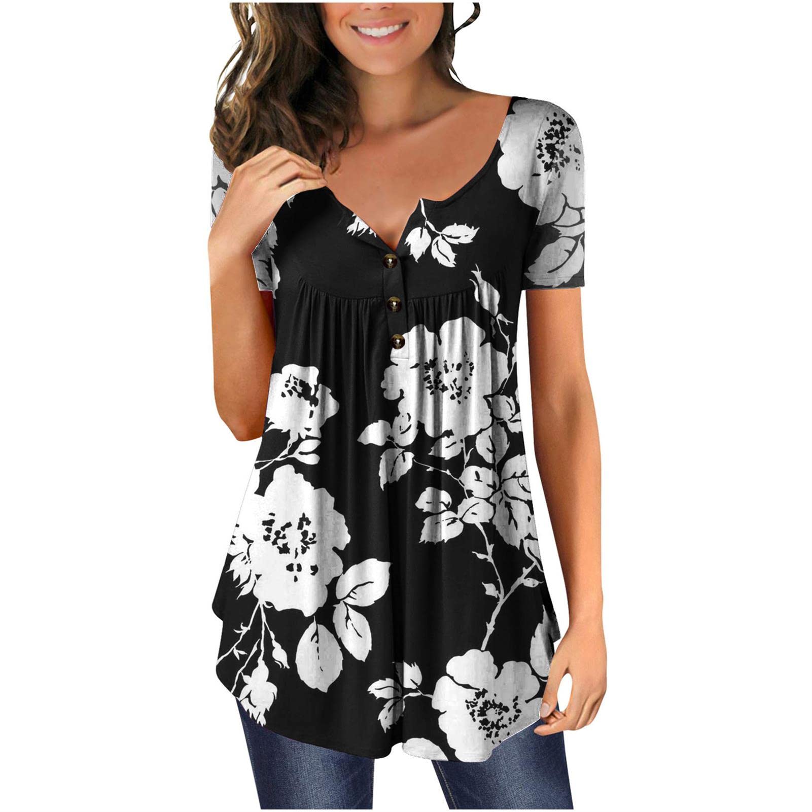Femmes Eté Plus Taille Tunique Hauts Manches Courtes Col Rond T-Shirt Casual T-Shirt Doux Chemisier