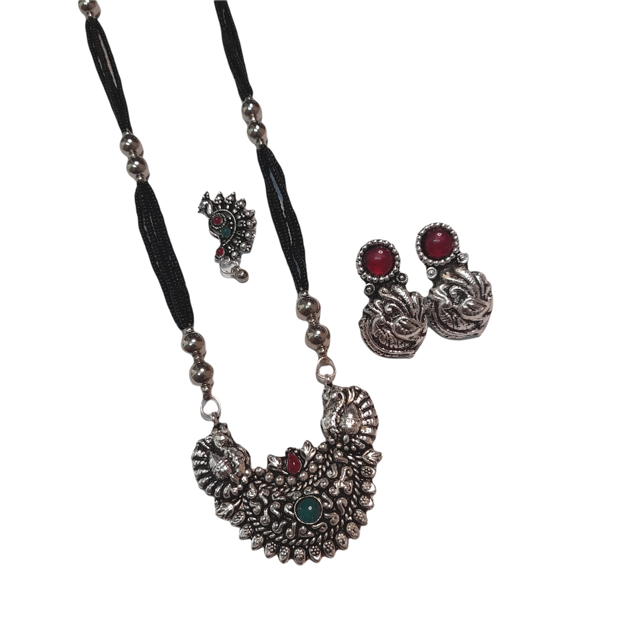 Swaroop Designer Silver Plated Black Beads 30 inch Long Oxidised Designer White Metal Women Mangalsutra with Earring Nosepin Combo Jewellery Set-Slvr Hanging Mngl (B09H313H37) Amazon Price History, Amazon Price Tracker