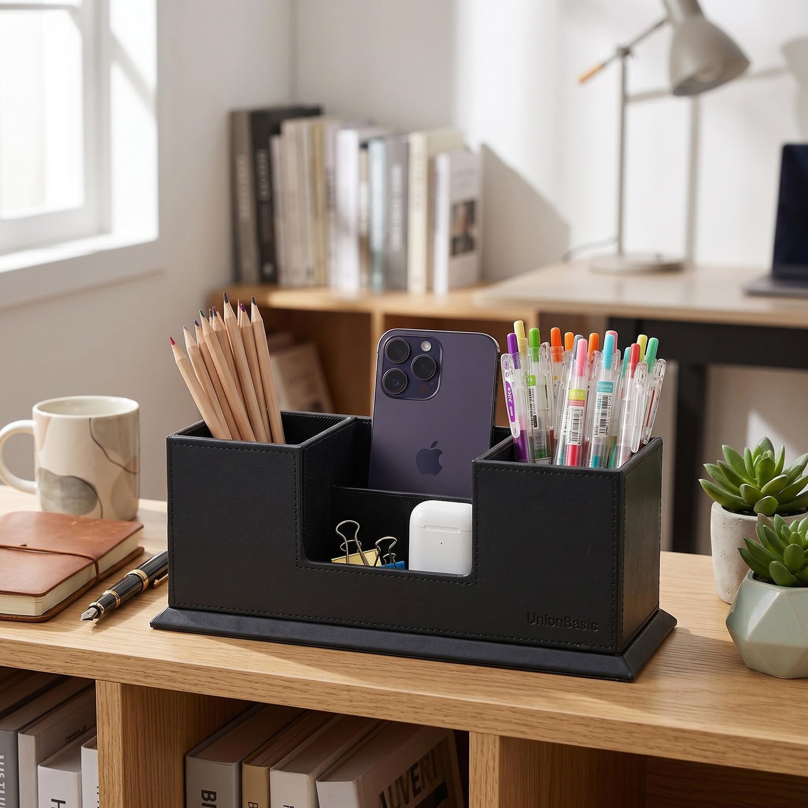UnionBasic PU-Leder-Schreibtisch-Organizer, 4 Fächer für Stift/Bleistift/Handy, Schreibwaren-Halterung, Sammler, Organisieren von Schreibtischzubehör schwarz