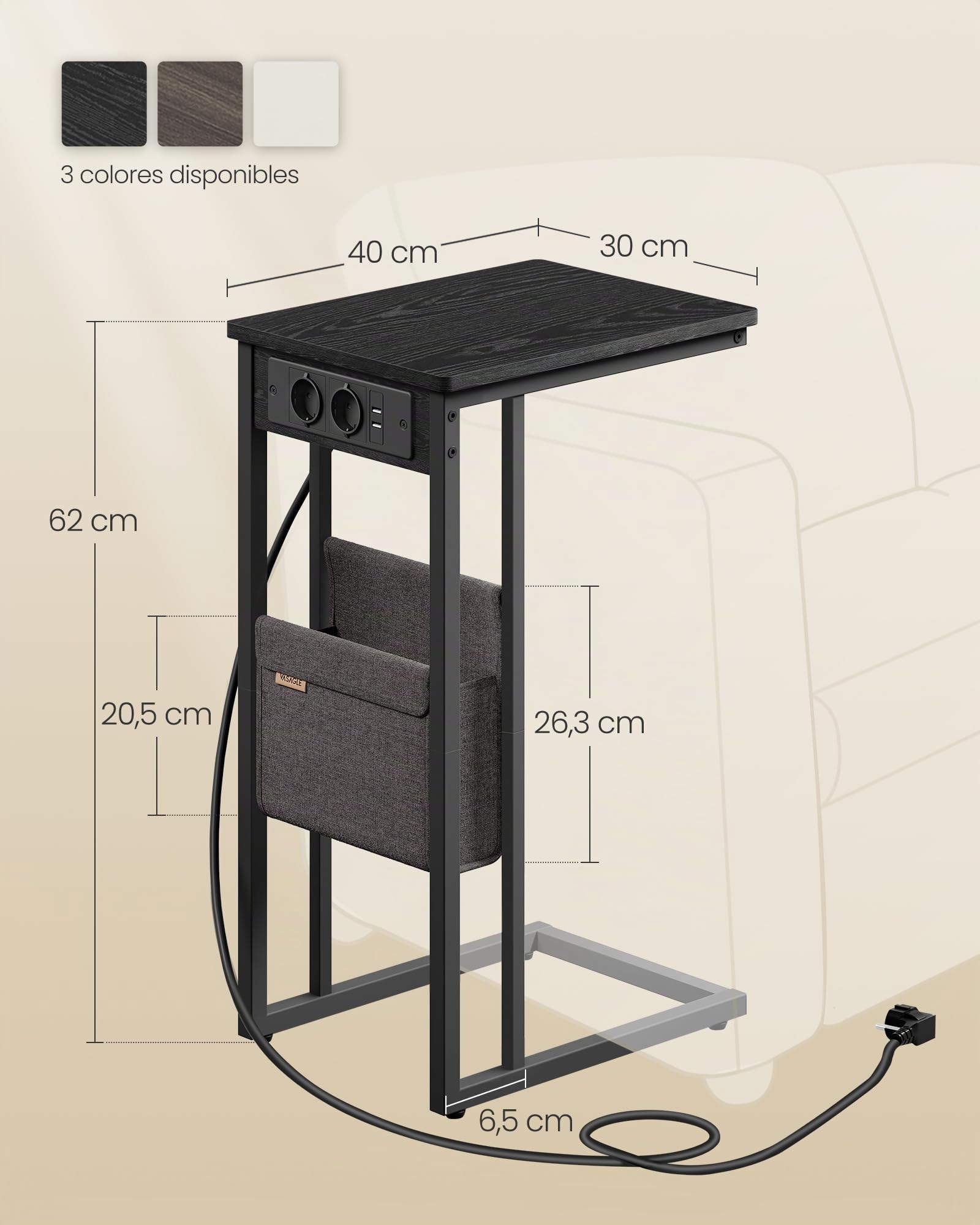 VASAGLE LET356B02V1 - Mesa Auxiliar con múltiples enchufes, Punta de sofá en Forma de C, para Espacios pequeños, 2 Puertos USB y enchufes, Bolsa, Patas Ajustables, para Dormitorio, Sala de Estar