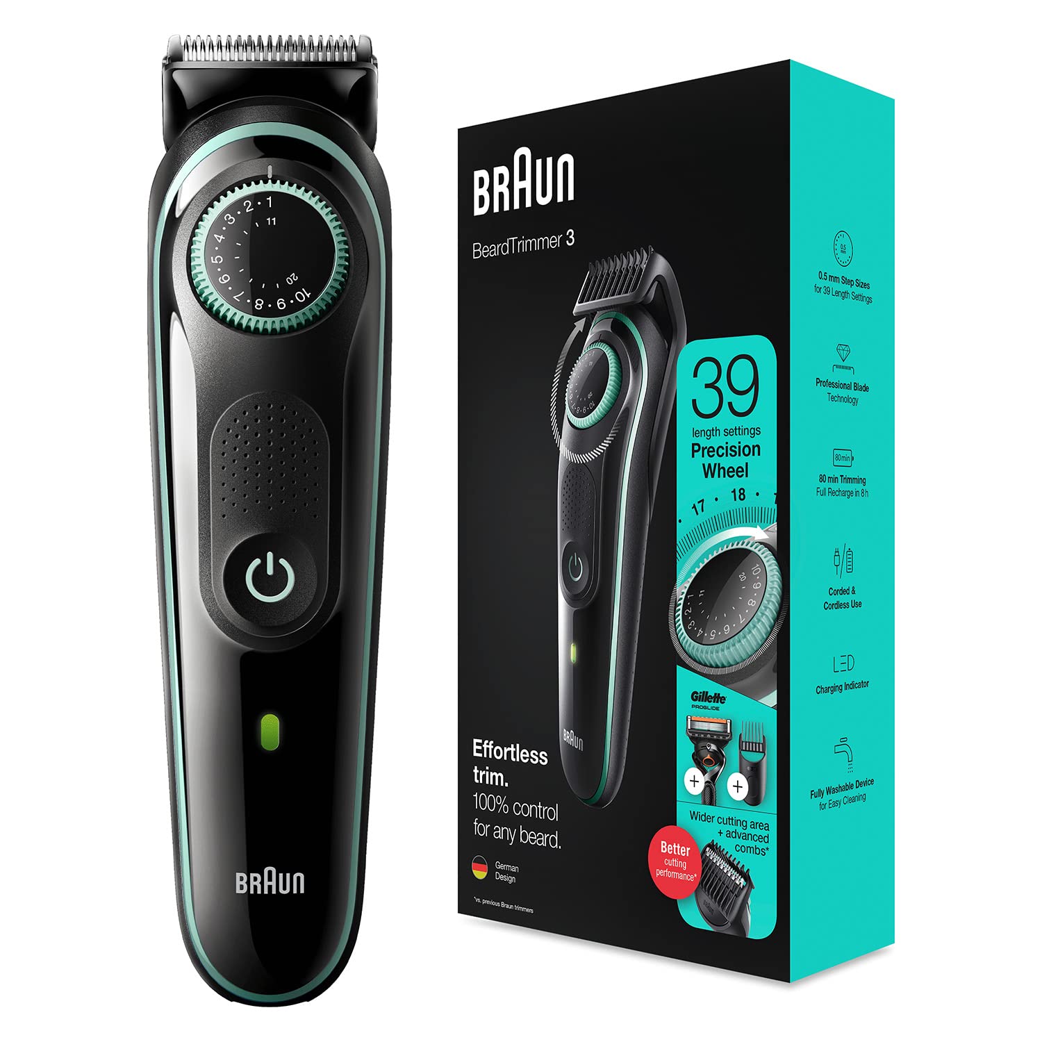 Braun Beard Trimmer 3 BT3341, recortadora de barba para hombres, cortapelos facial, cabello, cuchillas fiables, 39 ajustes de longitud, negro/verde