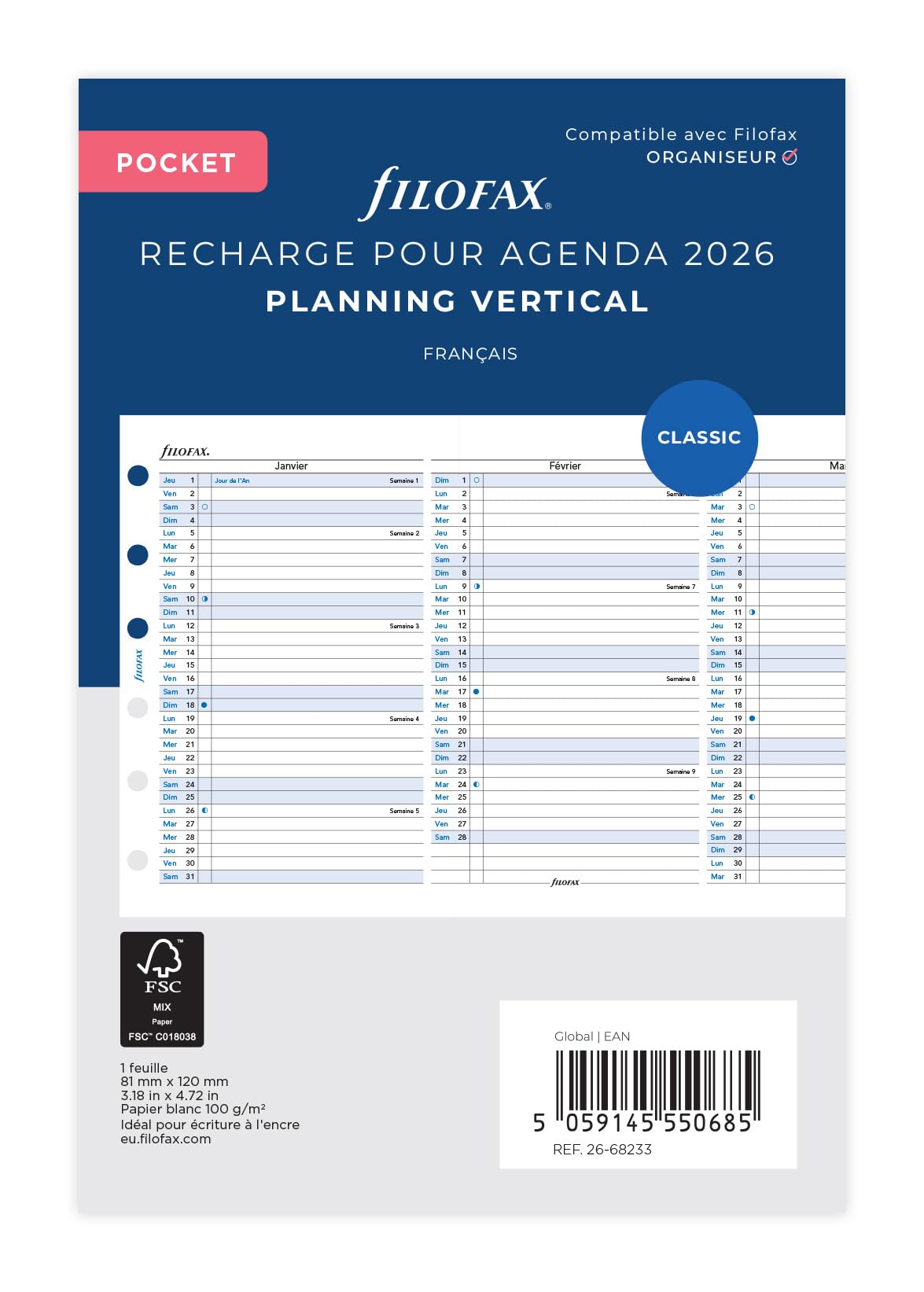 Filofax Pocket Vertical Year Planner French 2026