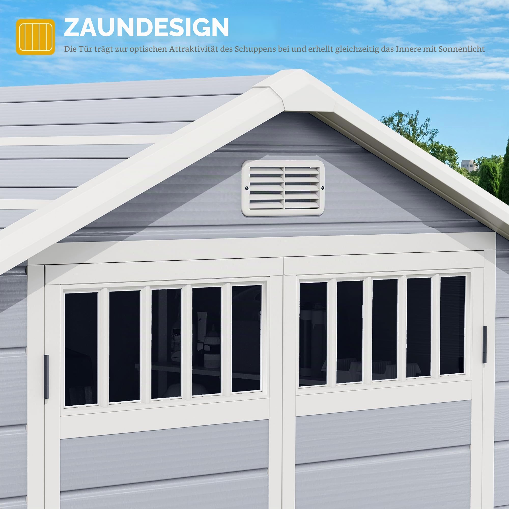 DWVO Gartenhaus 6x4,4 Fuß (ca. 170x123x206 cm) mit Zaun-Stil Fenster & Seitenfenster, Geräteschuppen aus Kunststoff mit abschließbarer Tür und Belüftung für Garten, Hinterhof, Terrasse – Grau