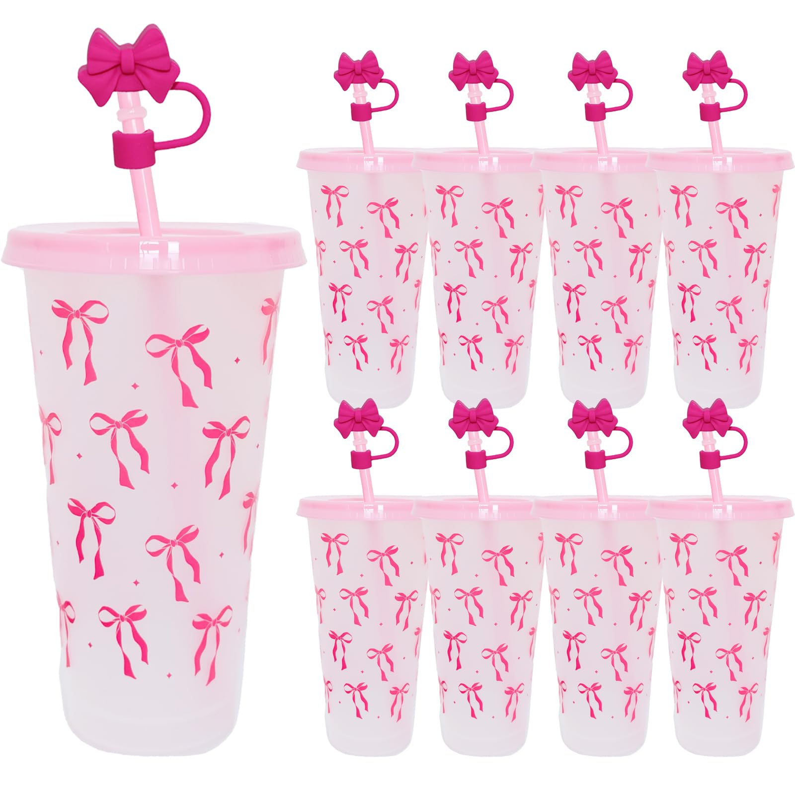 dididudi 8Pcs 24oz Bow Plastic Cups with Lids,Straws&Straw Caps, 710ML PP Reusable Tumblers for Cold Drinks,Reusable Tumbler Cup Bow Tie Cold Cups for Wedding Baby Shower Birthday Party Decor (Pink)