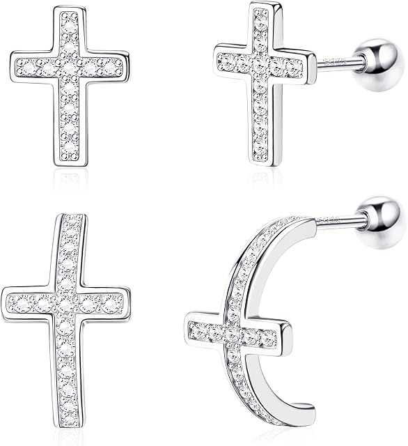 Sllaiss 925 Sterling Silver Cross Stud Earrings Cubic Zirconia Stud Earrings for Women Small Cartilage Stud Earrings Screw Back Earrings White Gold Plated
