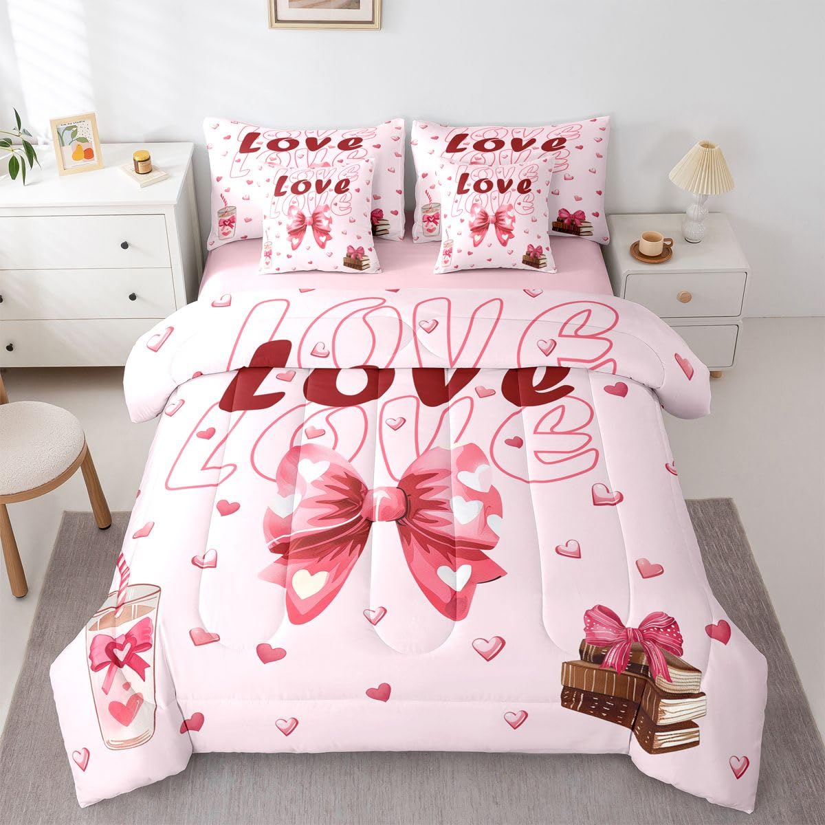 Castle Fairy Pink Hearts 7 PCS Comforter Set,Valentine Bowknot Bedding Set for Kids Adults Girls,Girls Woman Pink Printed Bed in a Bag with Comforter,Sheets and Pillow Cases,Queen