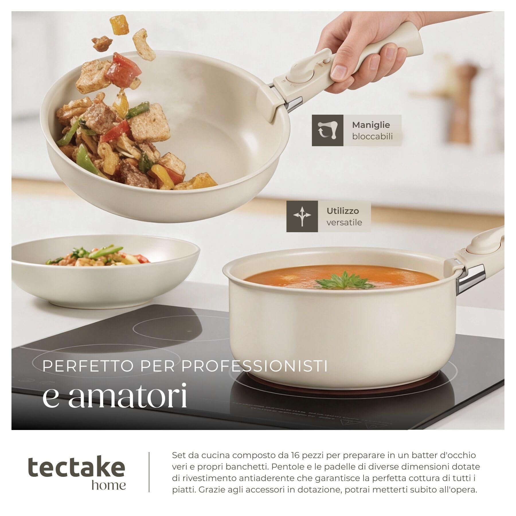 tectake® Set cucina per 6 persone 46 pcs, stoviglie e pentole, 24 pcs piatti ciotole e tazze, adatte a microonde, 11 pcs padelle, coperchi pentole manici removibili, spatola, mestolo - Tortora/Bianco