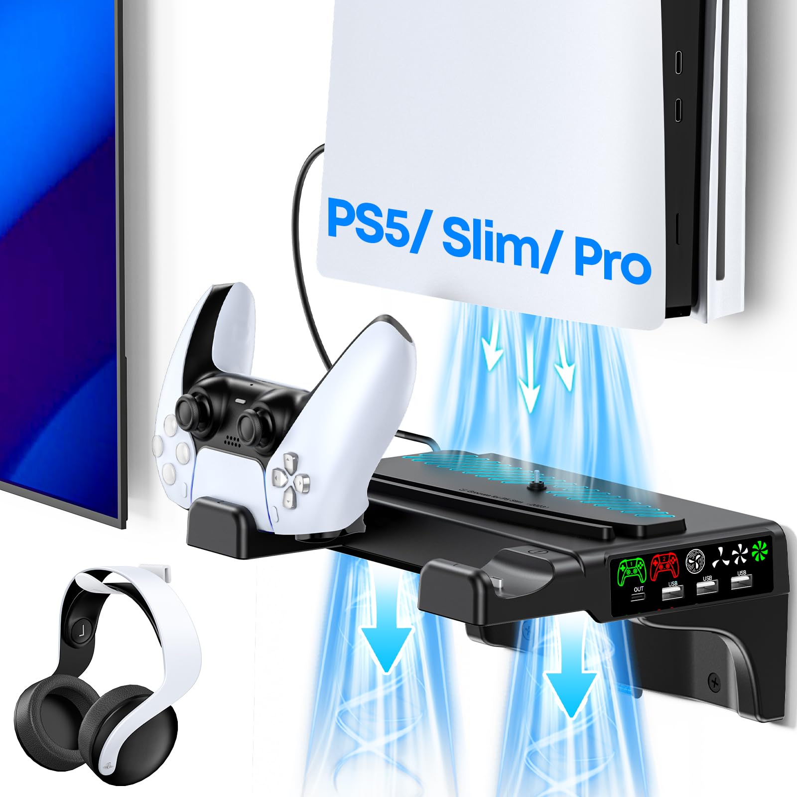 P5/Slim/Pro Wall Mount Kit with Cooling Fan & Charging Station, P5 Shelf Floating Mount for PA 5/Slim/Pro Disc & Digital Console, PA 5 Wall Bracket Behind TV, PS Five Accessories, Black