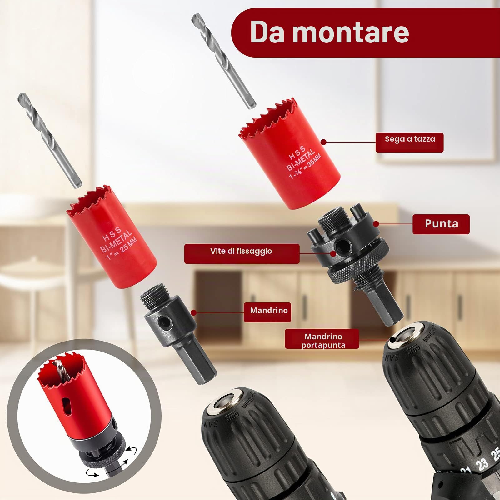 Sega a tazza bimetallica 17 pezzi con 11 lame per sega da 19 a 68 mm con 2 aste, 3 trapani, 1 chiave esagonale per alluminio, legno, piastra in PVC e piastra in plastica