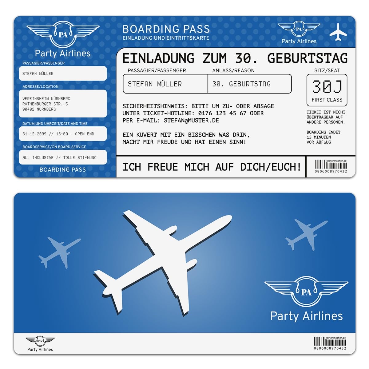 2x Personalisierte Reise-Rubbelkarten Als Geschenk - Flugticket-Design Mit Herz-Aufklebern, In Blau