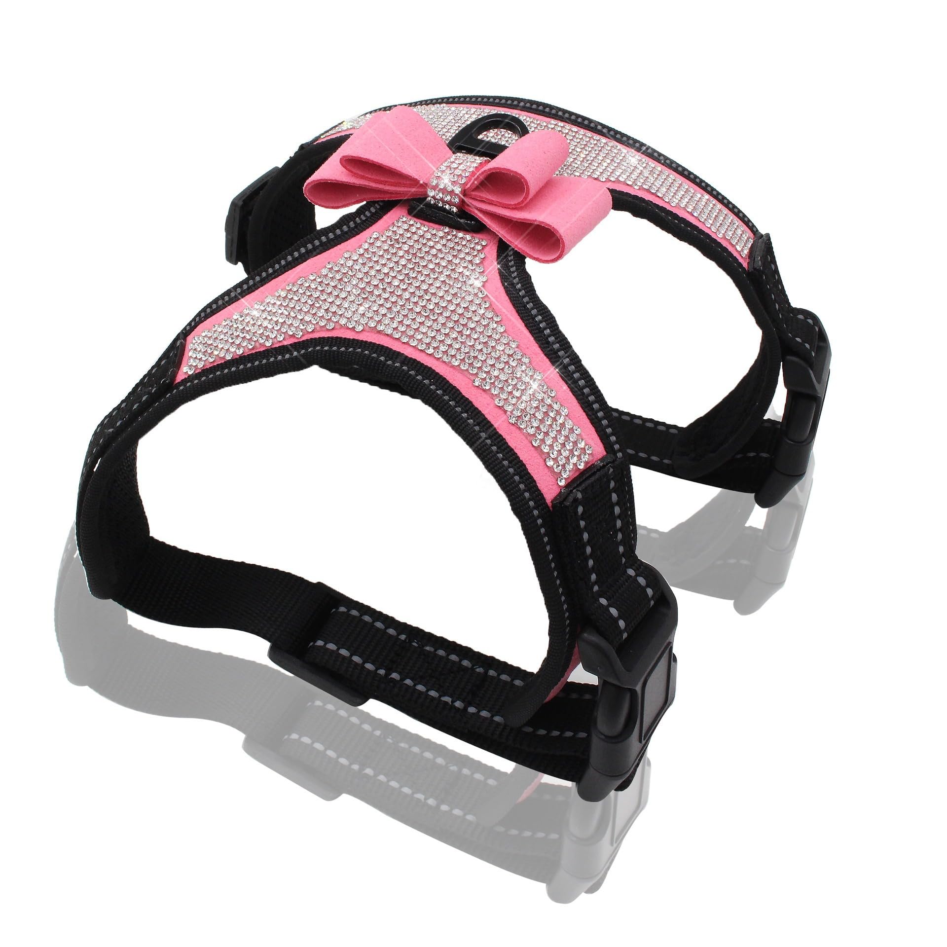 Rhinestone Dog Harness, Large medium and small breathable Sparkly Bow Tie Vest Harnesses dog leash for Dogs Walking,Party and Wedding(Pink M)