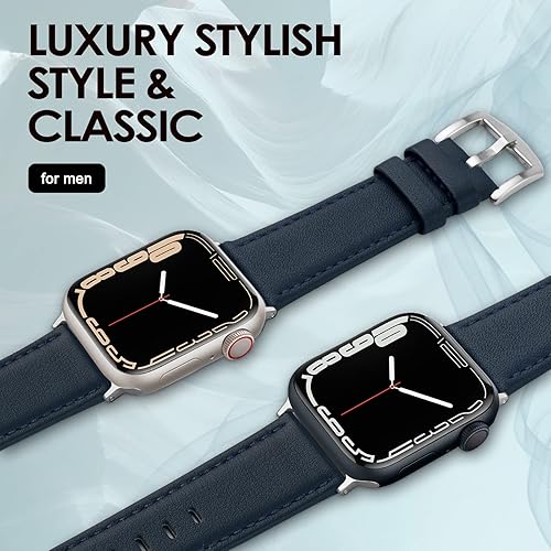 Vista 148 de Correa de cuero compatible con correas de Apple Watch de 1.811 in, 1.772 in, 1.732 in, 1.654 in (Serie 1/2/3) para hombres y mujeres, correa de Azul