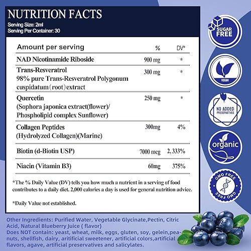 Miniatura 2 de Suplementos NAD para mujeres y hombres, NAD nicotinamida ribósido resveratrol 900 mg y quercetina, niacina, colágeno, biotina, líquido NAD Plus