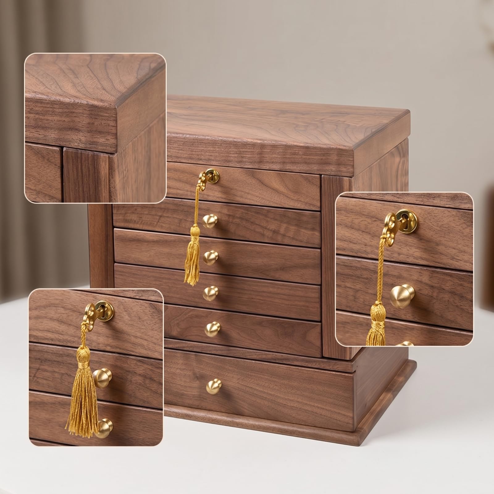 Organizador de Maquillaje Caja de Cosméticos Tocador Cajonera Almacenamiento Madera Negro con Tiradores Redondos, Madera De Caucho Con Chapa De Nogal Caja De Almacenamiento De Cosméticos